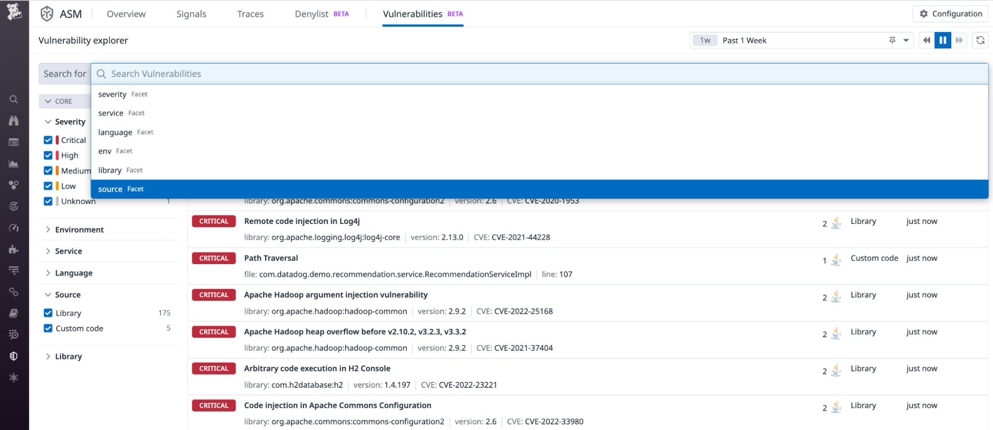 Filtering by facet in Datadog Code Security Filtering by facet in Datadog Code Security