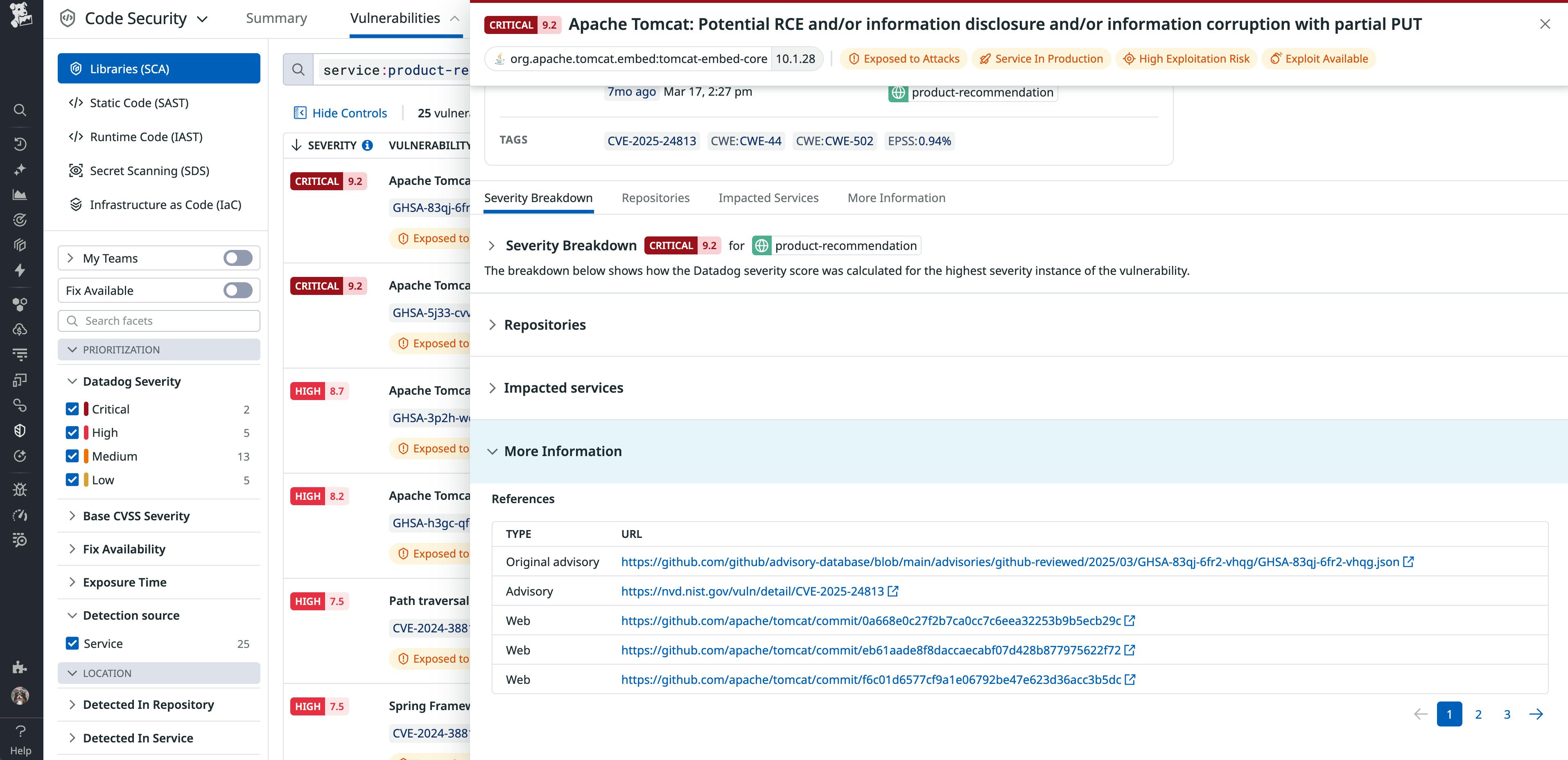 Sidebar in Datadog Code Security showing links to external resources