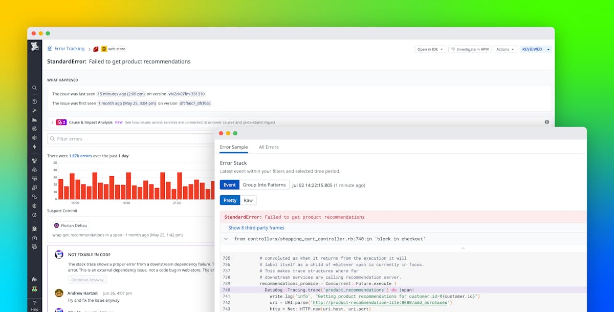 Troubleshoot root causes with GitHub commit and ownership data in Error ... image.