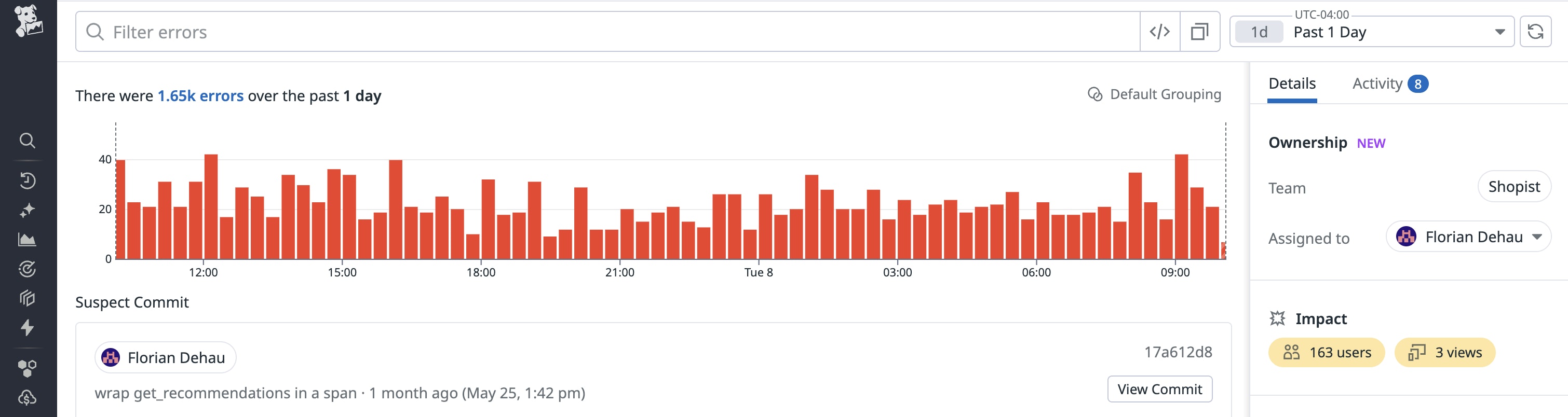 A suspect commit is flagged, possibly connected to a recent bug. A suspect commit is flagged, possibly connected to a recent bug.