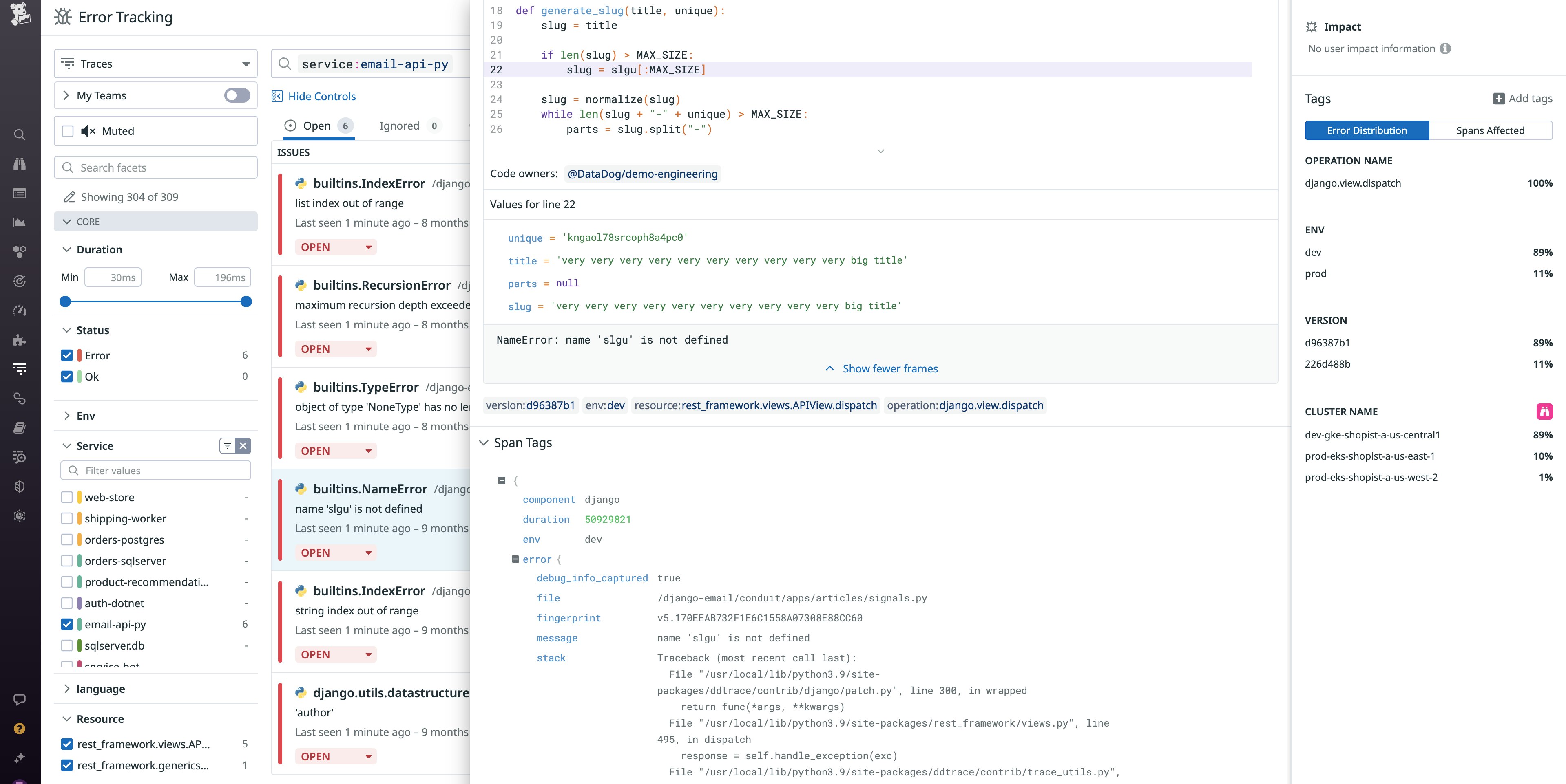 View  of the variable values that caused a name error in the Error Tracking Issue View  of the variable values that caused a name error in the Error Tracking Issue