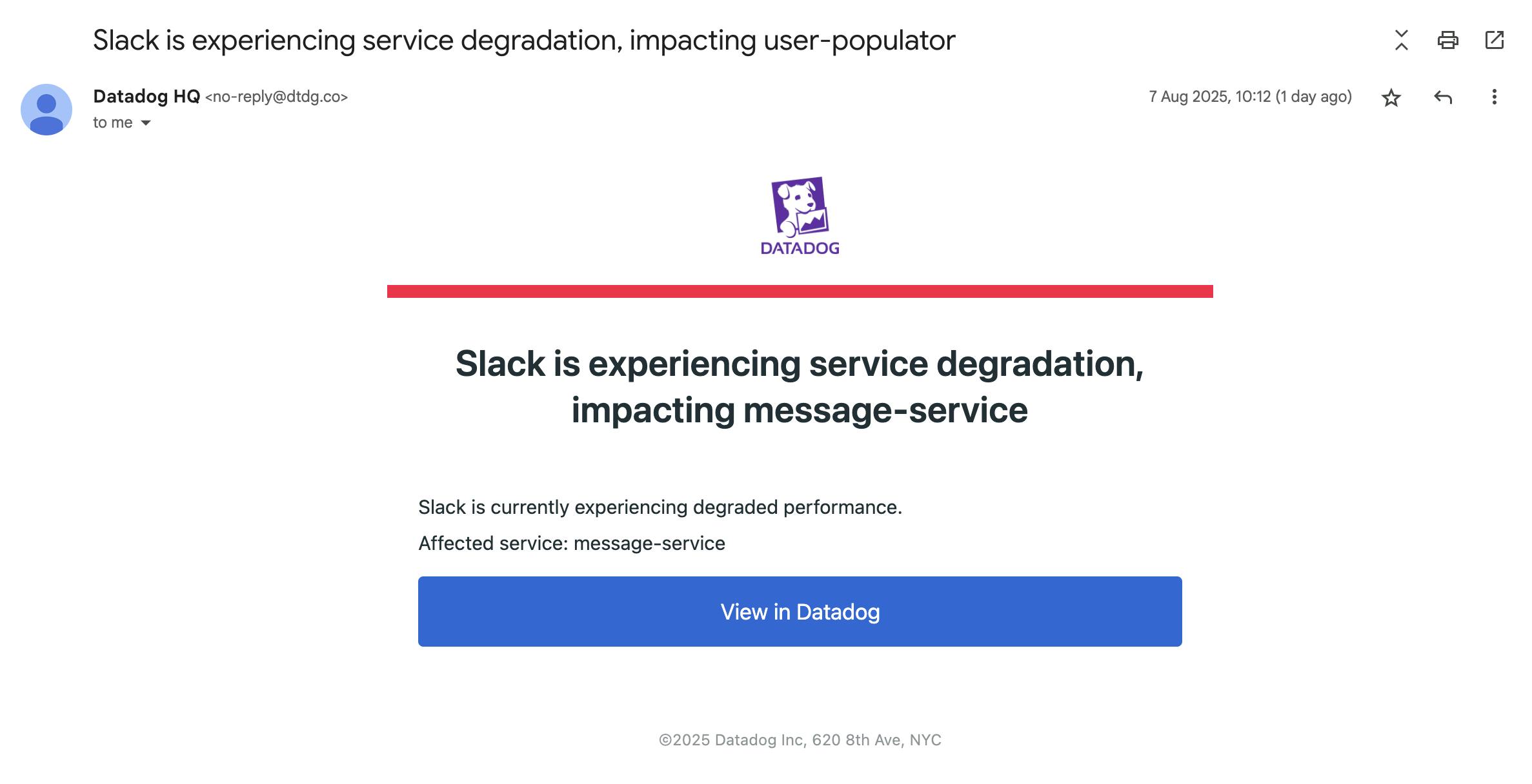 Email alerting about a slack degradation issue.