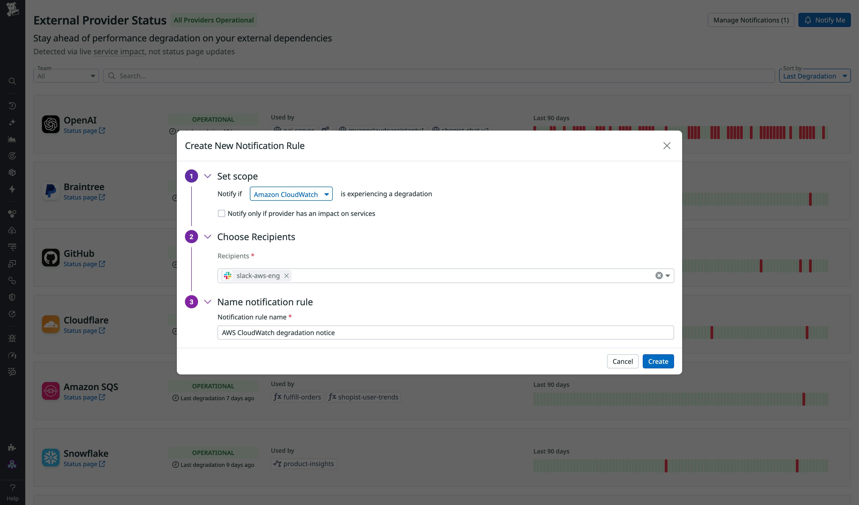 Configuration screen for targeted provider outage alerts.