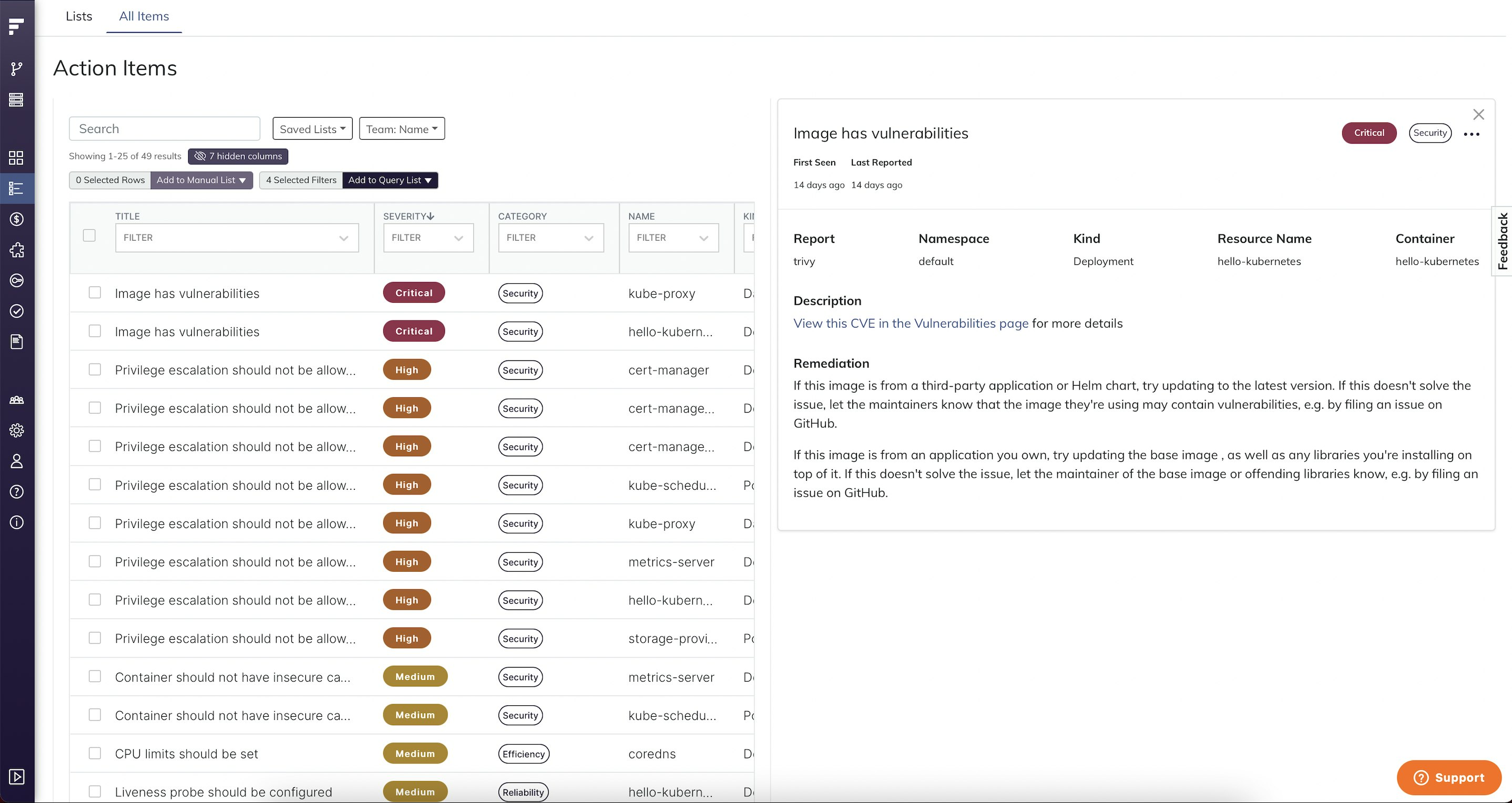 Fairwinds Insights lists your action items in theihr dashboard. Fairwinds Insights lists your action items in theihr dashboard.