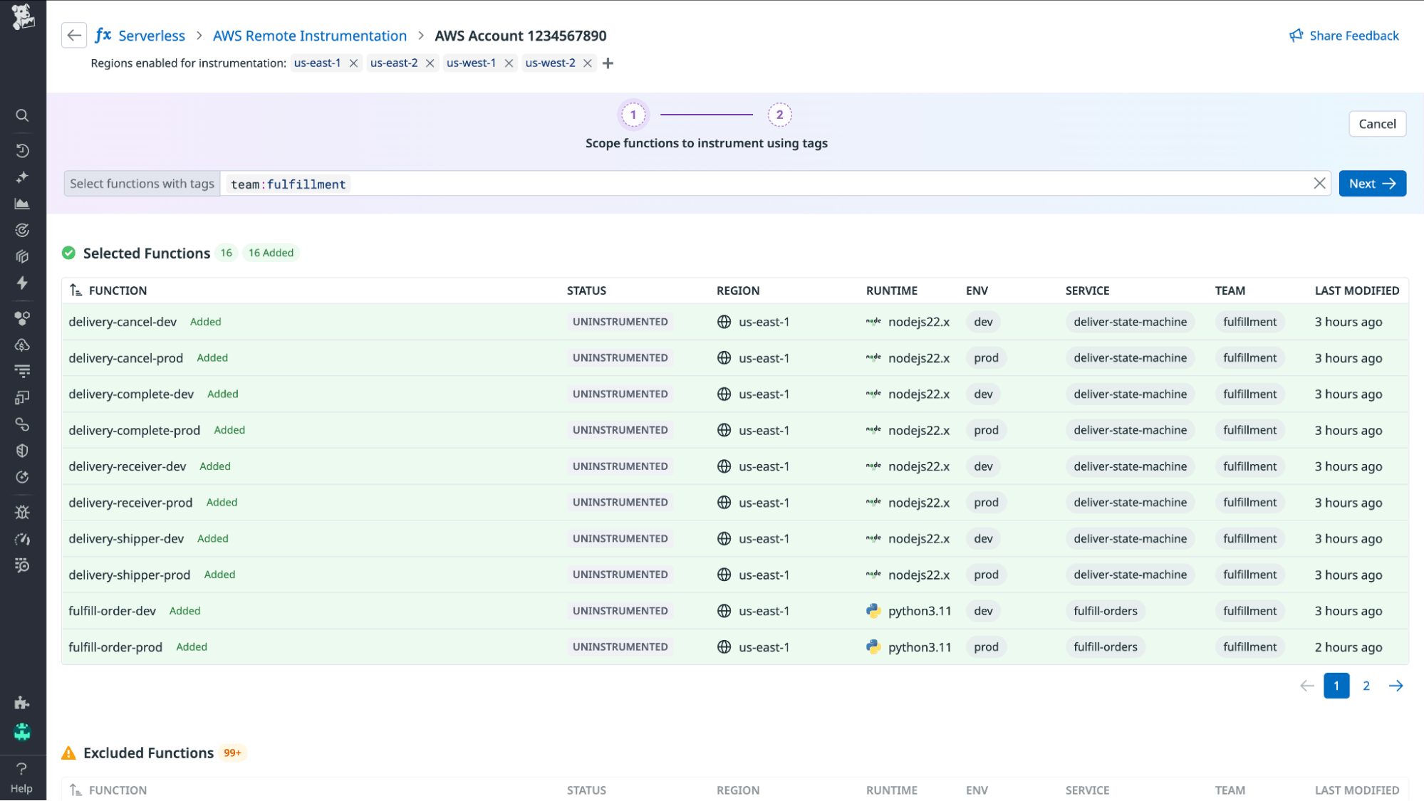 Screenshot showing how to select multiple Lambda functions to monitor at once using AWS tags. Screenshot showing how to select multiple Lambda functions to monitor at once using AWS tags.
