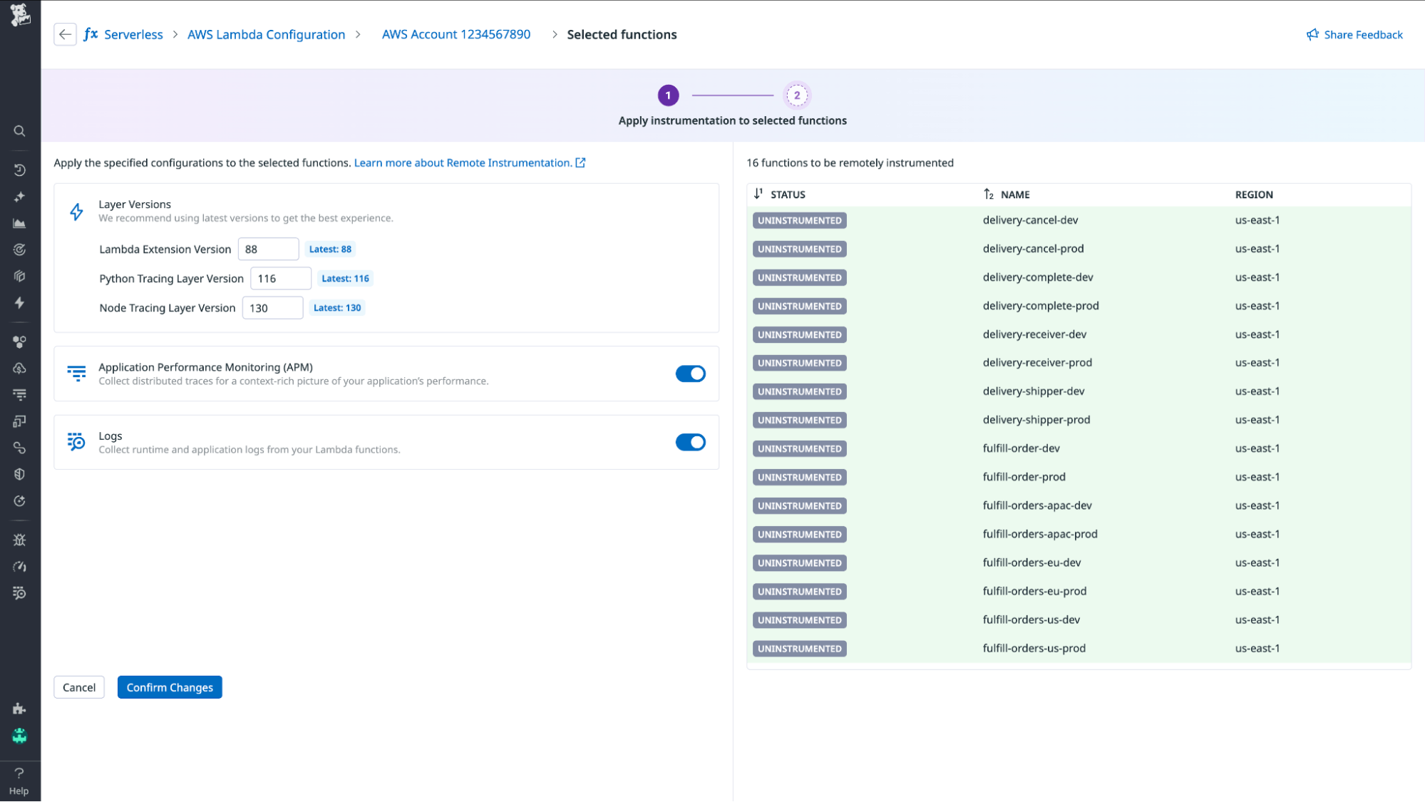 Screenshot showing how to select configuration options on the Datadog Instrumentation Settings page.