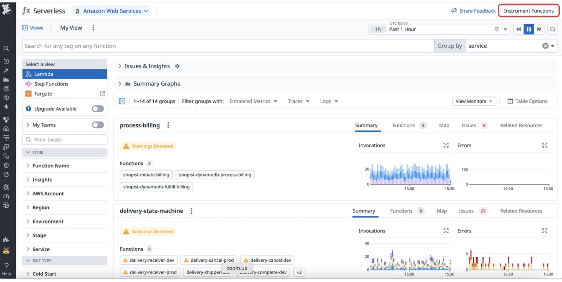 Screenshot showing where to find the Instrument Functions button on the Integrations page in the Datadog UI.