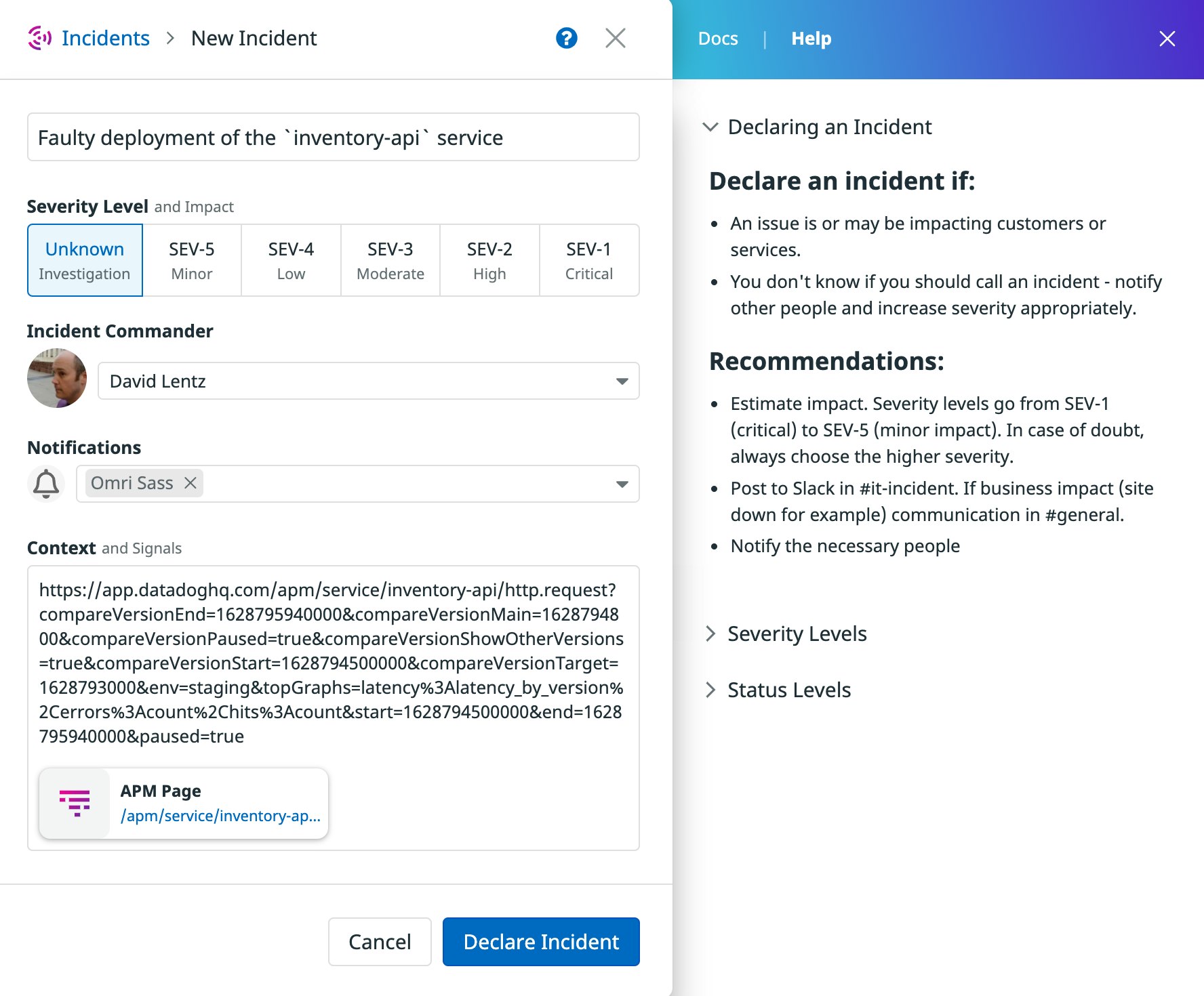 The new incident form includes fields to designate incident severity, incident commander, team members to be notified, and a link to the APM page that describes the faulty deployment. The new incident form includes fields to designate incident severity, incident commander, team members to be notified, and a link to the APM page that describes the faulty deployment.