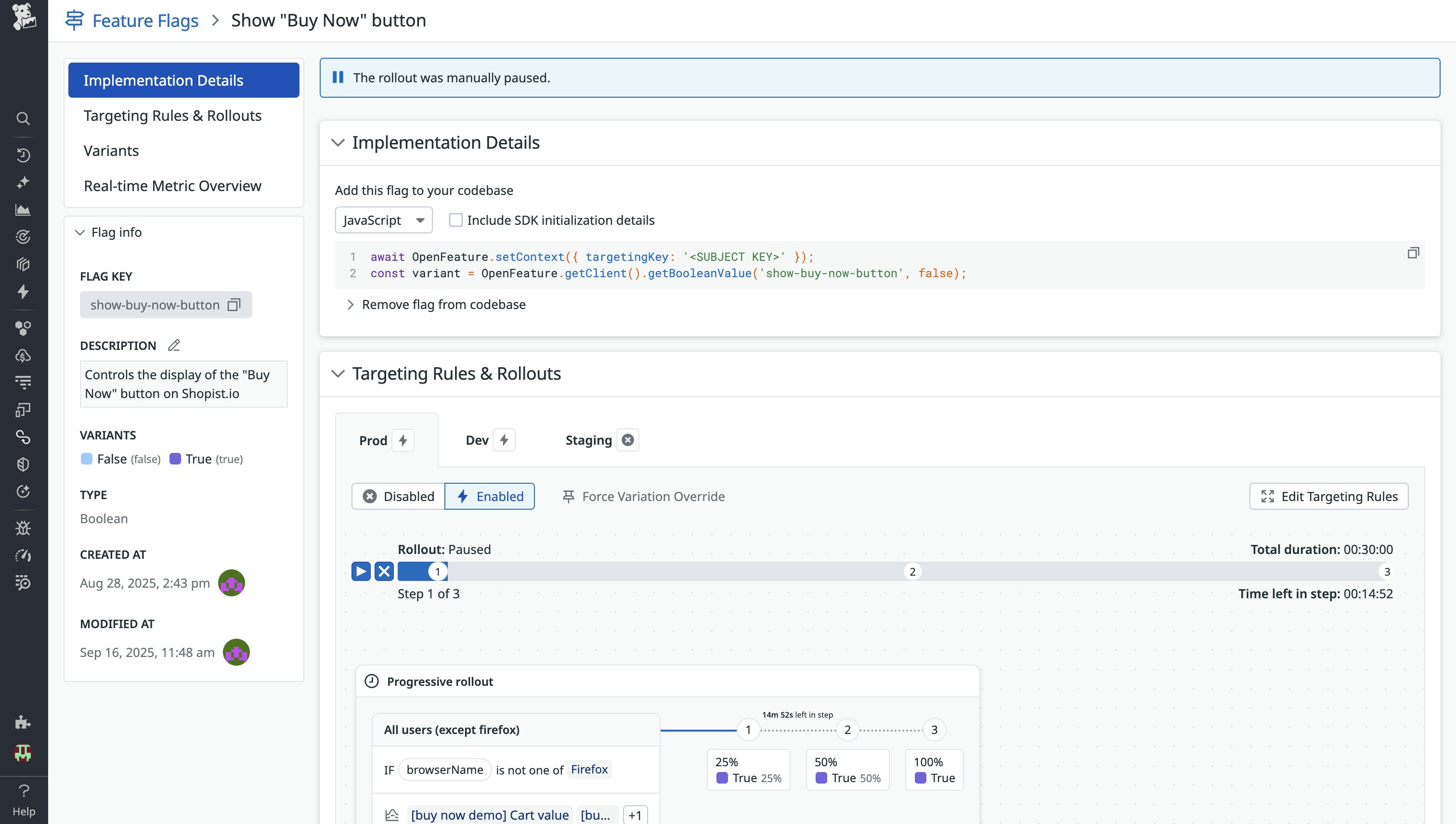 A screenshot showing the overview page of a feature flag, with rollout settings and metrics overview. A screenshot showing the overview page of a feature flag, with rollout settings and metrics overview.