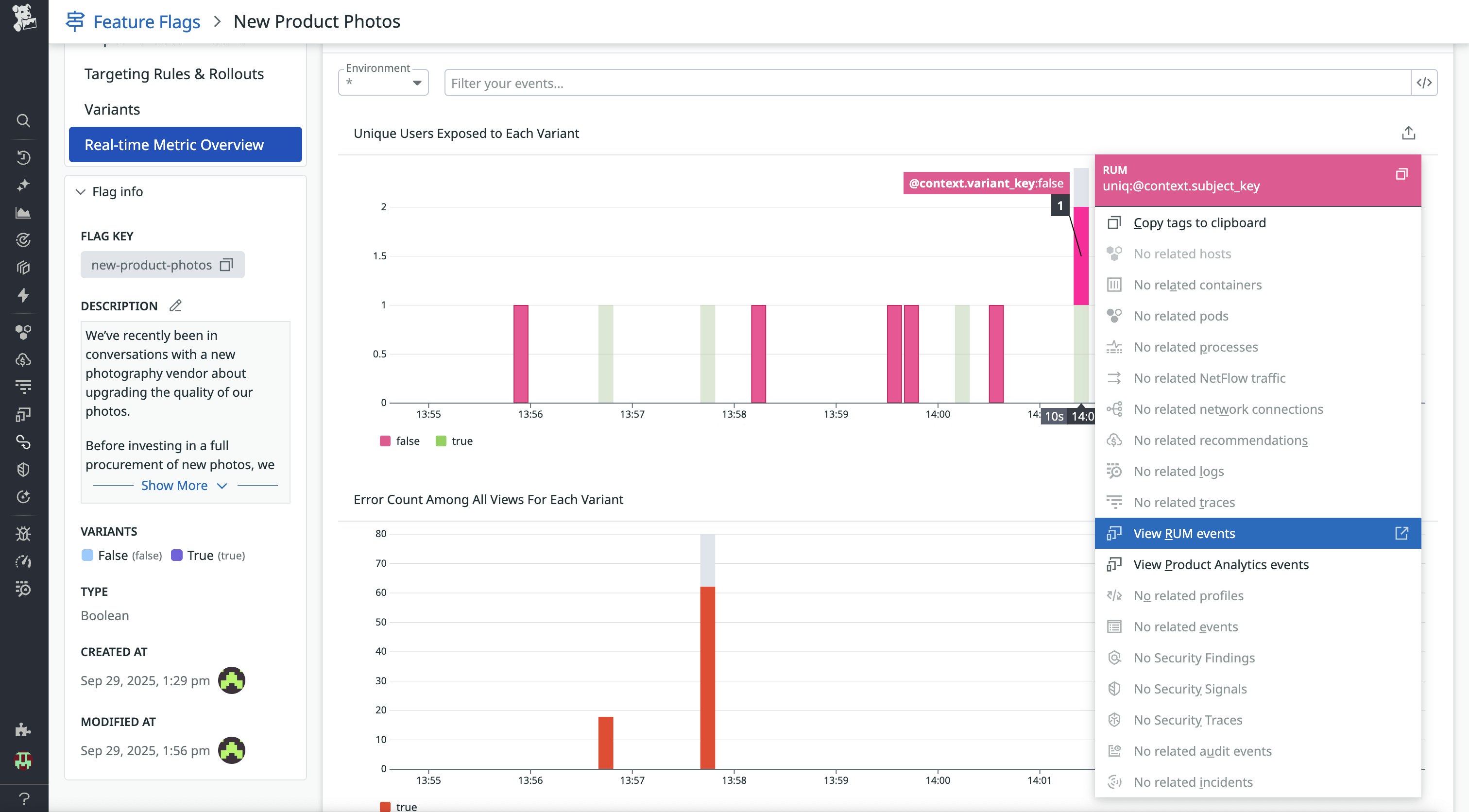 A screenshot showing real-time metrics in a feature flag, and the options to correlate with RUM events and Product Analytics events. A screenshot showing real-time metrics in a feature flag, and the options to correlate with RUM events and Product Analytics events.