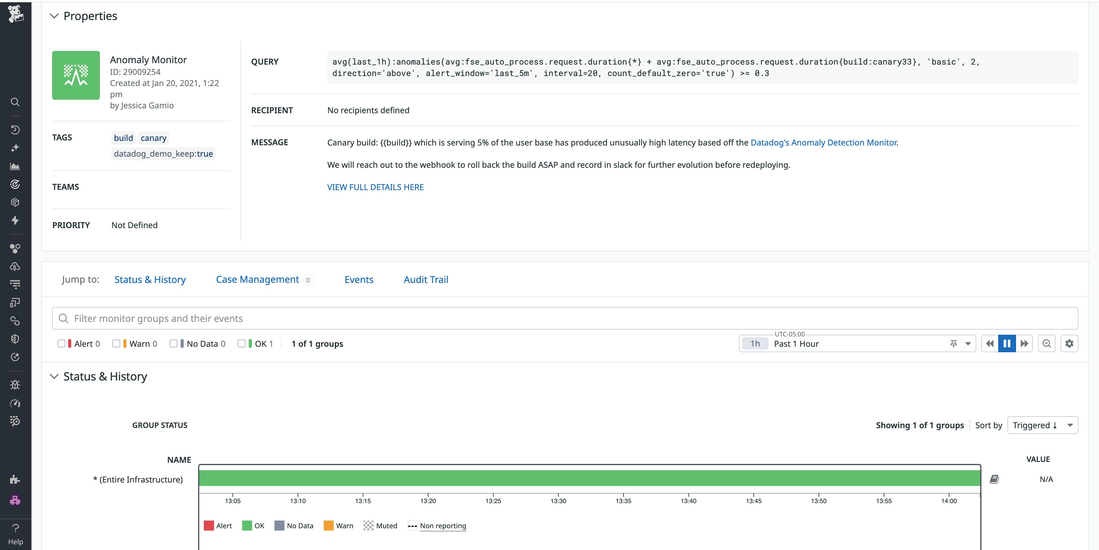 Screenshot of a Datadog anomaly monitor detecting high latency in a canary build. The monitor query compares request duration across builds and automatically triggers a rollback when latency exceeds the defined threshold.