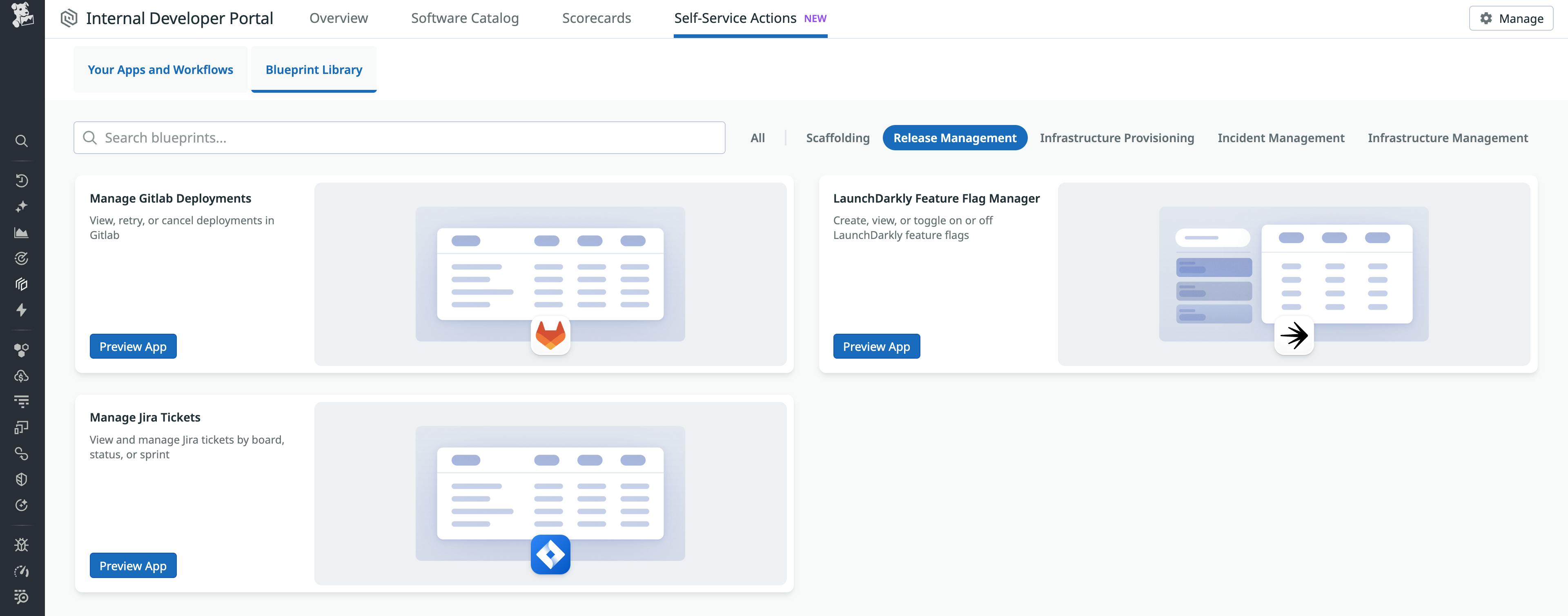 Screenshot of the Datadog Internal Developer Portal’s Self-Service Actions interface showing the Blueprint Library. The Release Management section lists example blueprints, including apps for managing GitLab deployments, LaunchDarkly feature flags, and Jira tickets.