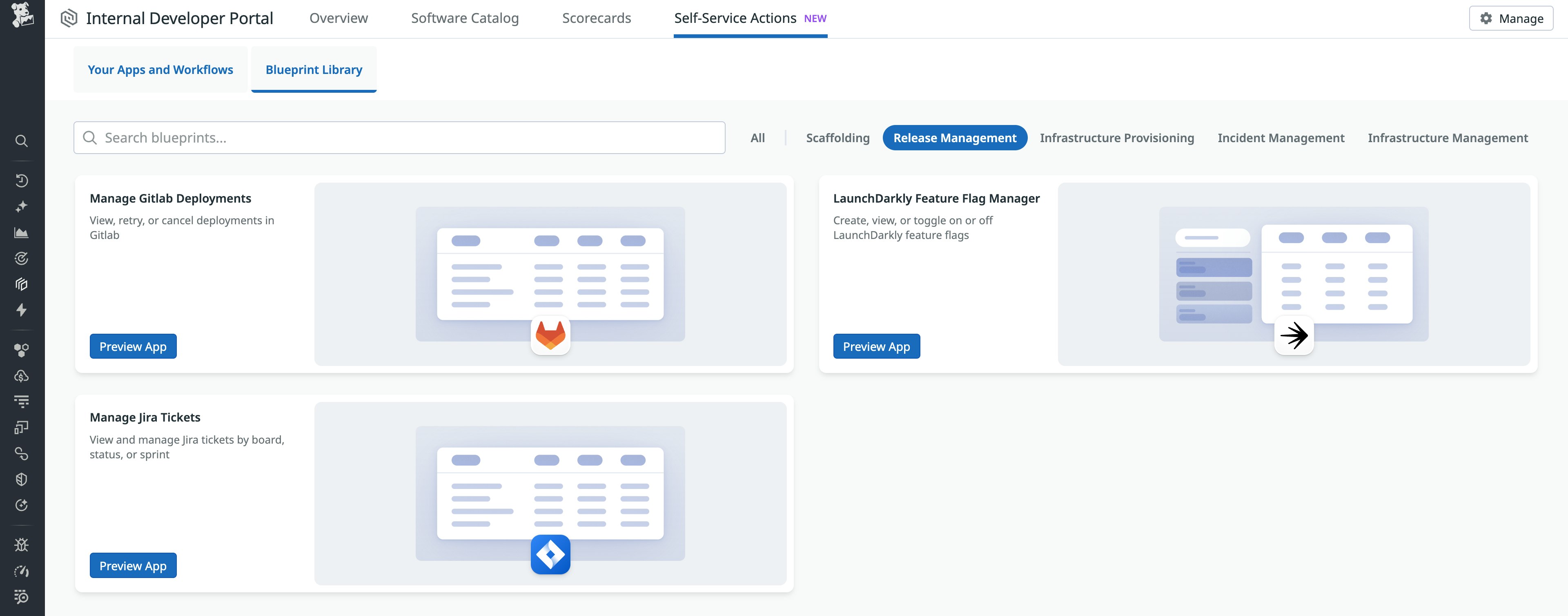 Screenshot of the Datadog Internal Developer Portal’s Self-Service Actions interface showing the Blueprint Library. The Release Management section lists example blueprints, including apps for managing GitLab deployments, LaunchDarkly feature flags, and Jira tickets. Screenshot of the Datadog Internal Developer Portal’s Self-Service Actions interface showing the Blueprint Library. The Release Management section lists example blueprints, including apps for managing GitLab deployments, LaunchDarkly feature flags, and Jira tickets.