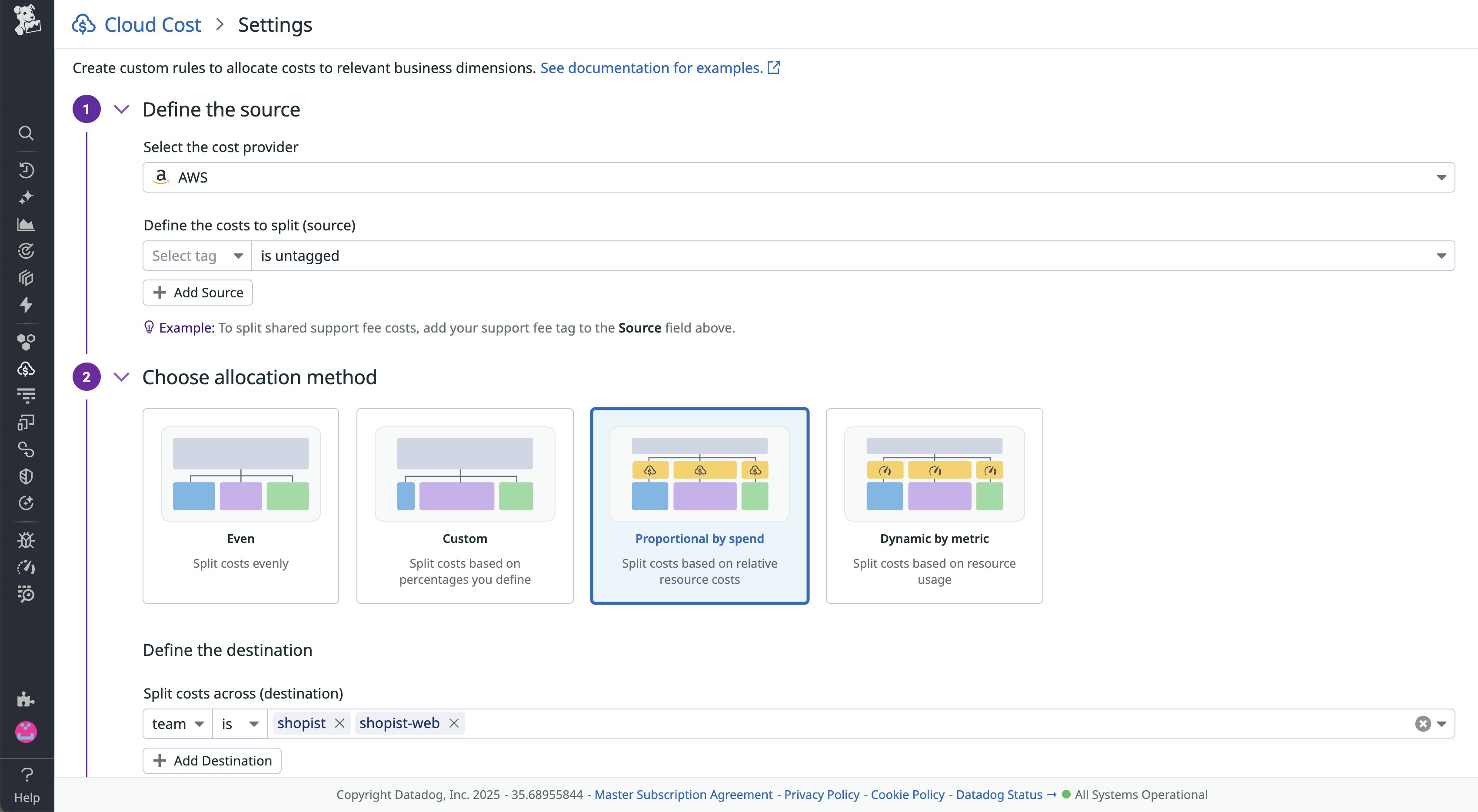 Datadog Cloud Cost Management interface showing configuration options for custom allocation rules, including allocation by team, custom rules, and proportional spend. Datadog Cloud Cost Management interface showing configuration options for custom allocation rules, including allocation by team, custom rules, and proportional spend.