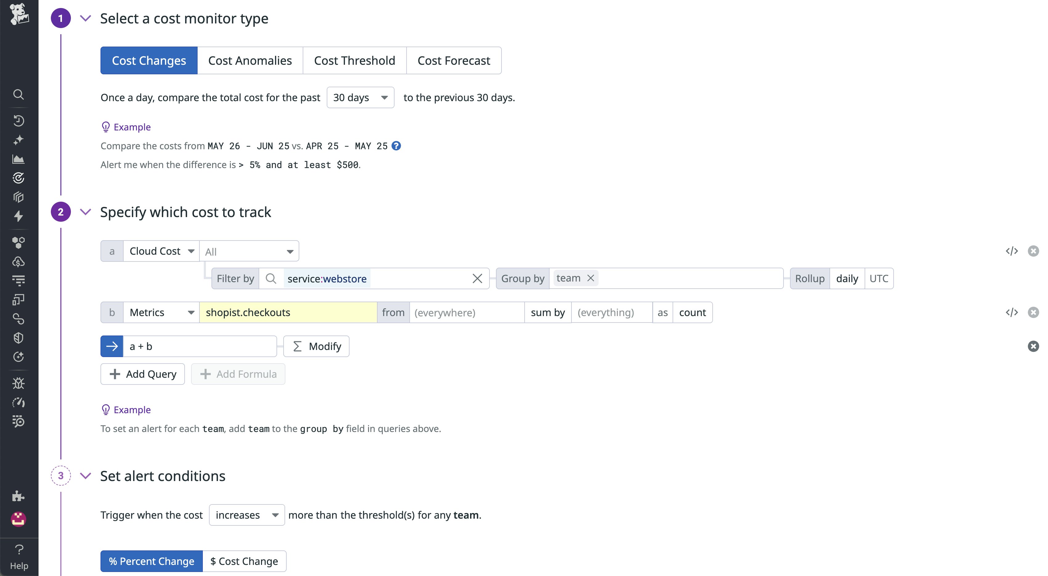 Cost Monitor configuration in CCM, filtering by a webstore service and setting cost change alert conditions over a 30-day window. Cost Monitor configuration in CCM, filtering by a webstore service and setting cost change alert conditions over a 30-day window.