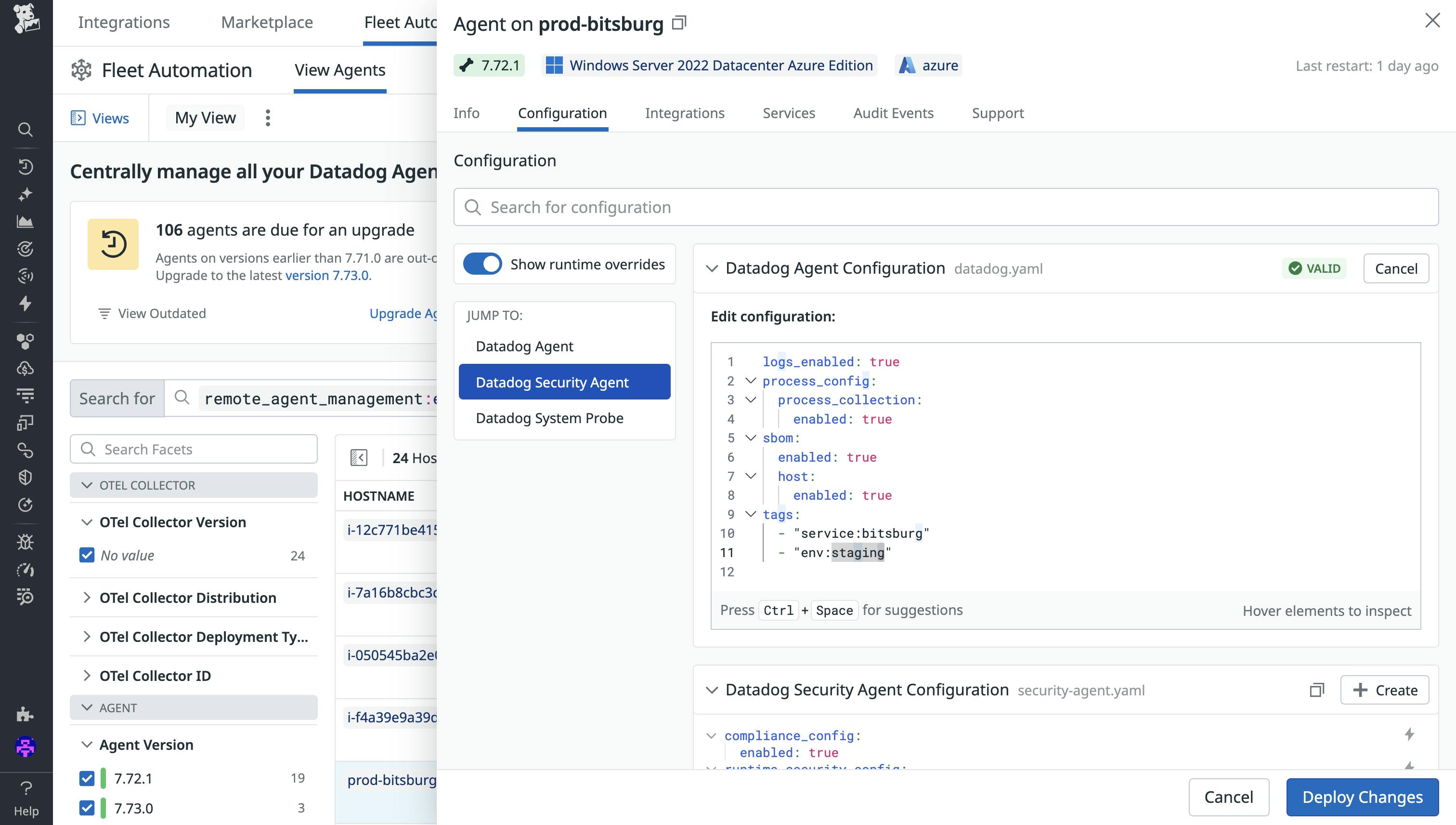 Screenshot of the Fleet Automation Agent details side panel where you can directly edit and deploy configurations to the Agent in YAML.