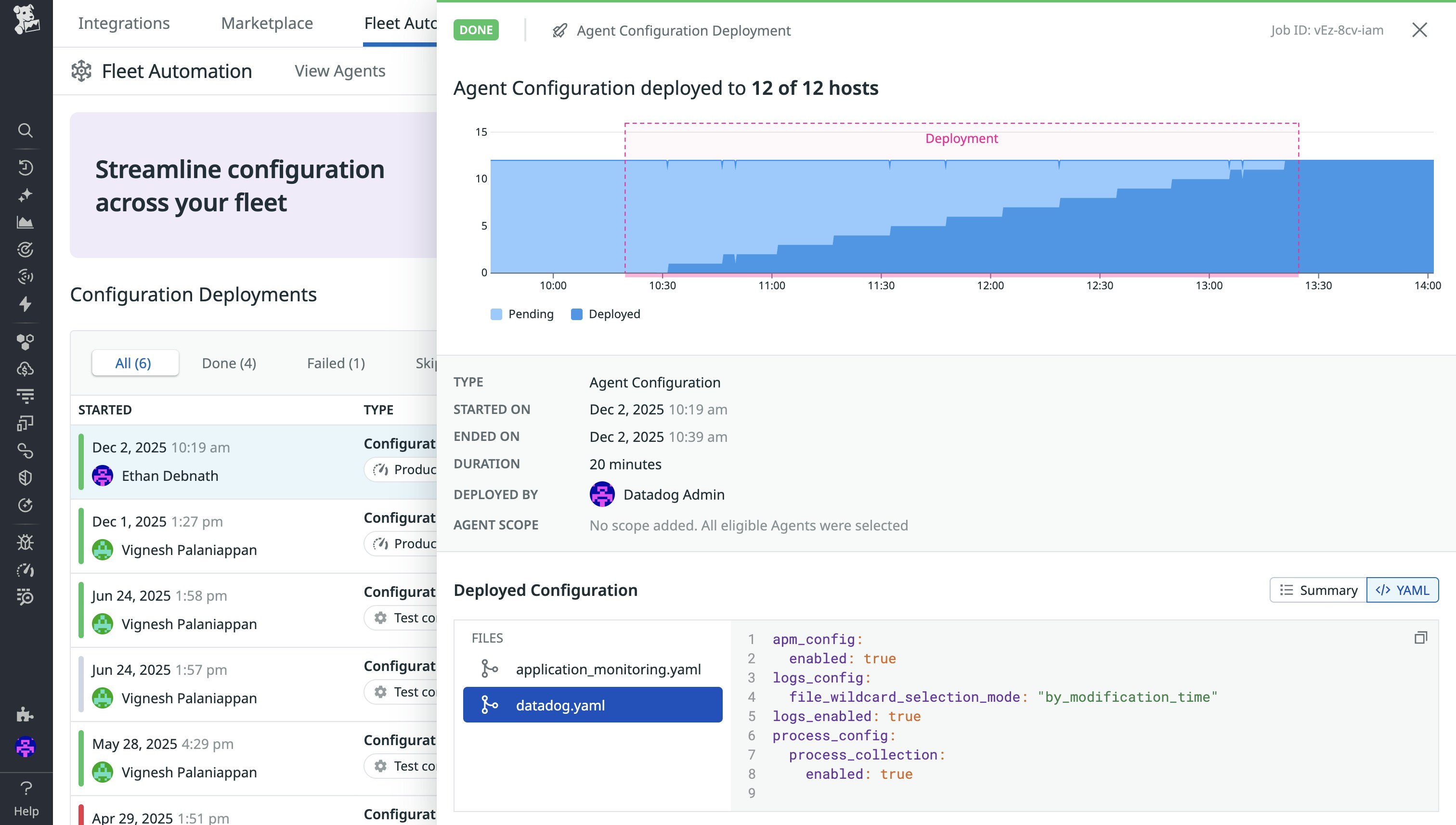 Screenshot of a side panel in Fleet Automation that shows a completed Datadog Agent configuration deployment and a chart of deployment progress over time. Screenshot of a side panel in Fleet Automation that shows a completed Datadog Agent configuration deployment and a chart of deployment progress over time.