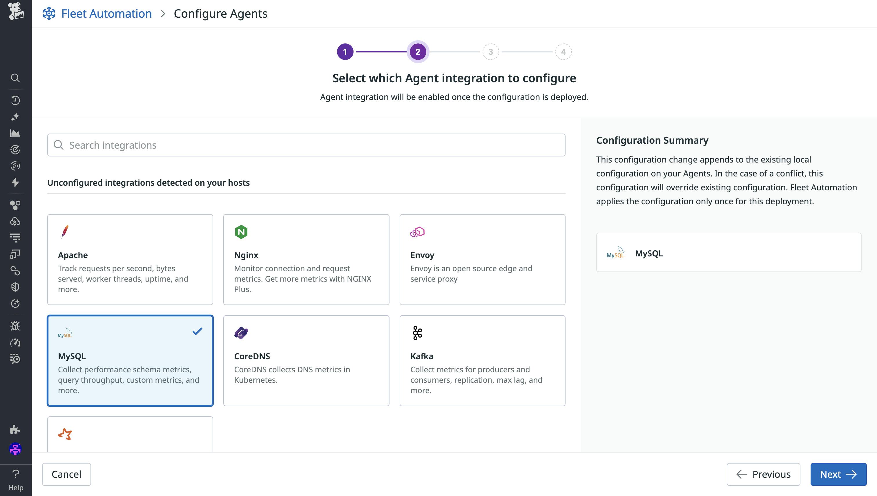 Screenshot of the Fleet Automation editor that shows unconfigured integrations detected on hosts. The user has selected to configure the MySQL integration.