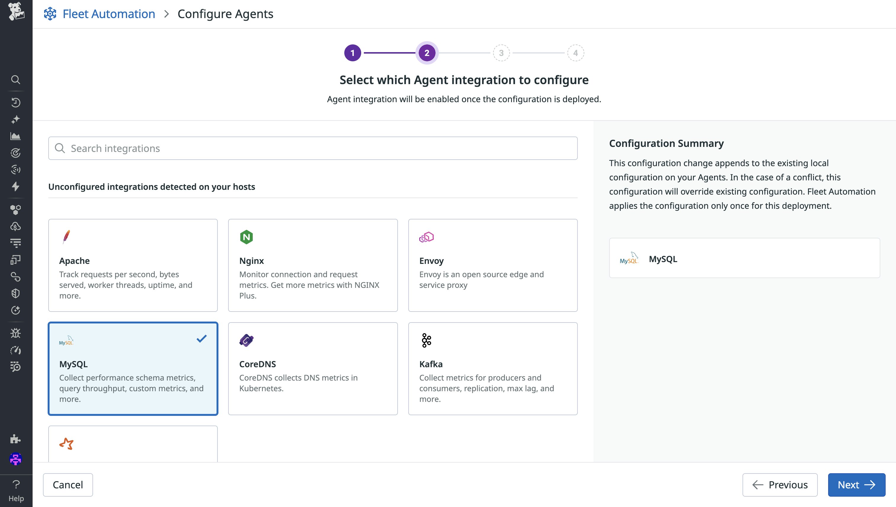 Screenshot of the Fleet Automation editor that shows unconfigured integrations detected on hosts. The user has selected to configure the MySQL integration. Screenshot of the Fleet Automation editor that shows unconfigured integrations detected on hosts. The user has selected to configure the MySQL integration.