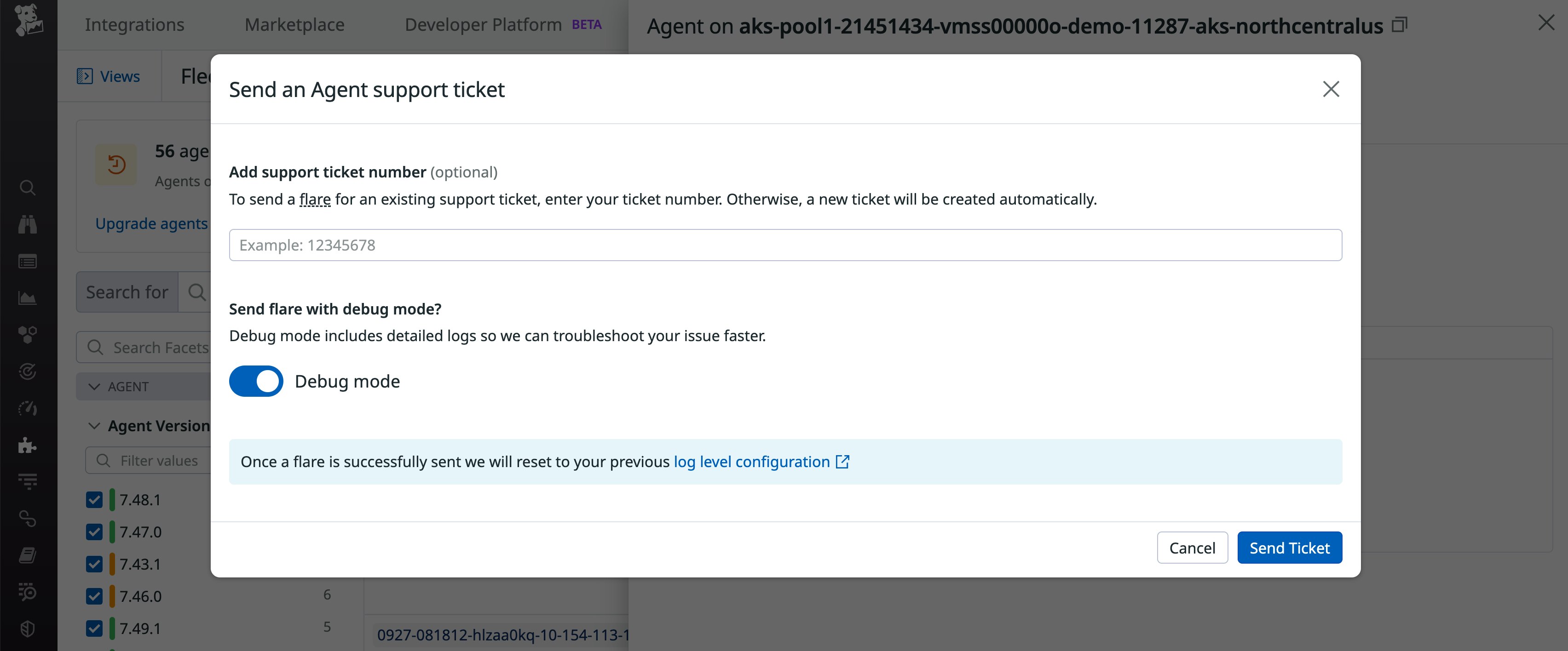 From the Support tab in the Fleet Automation view, the Send Ticket button launches a form to send a flare for an existing or new support ticket. From the Support tab in the Fleet Automation view, the Send Ticket button launches a form to send a flare for an existing or new support ticket.