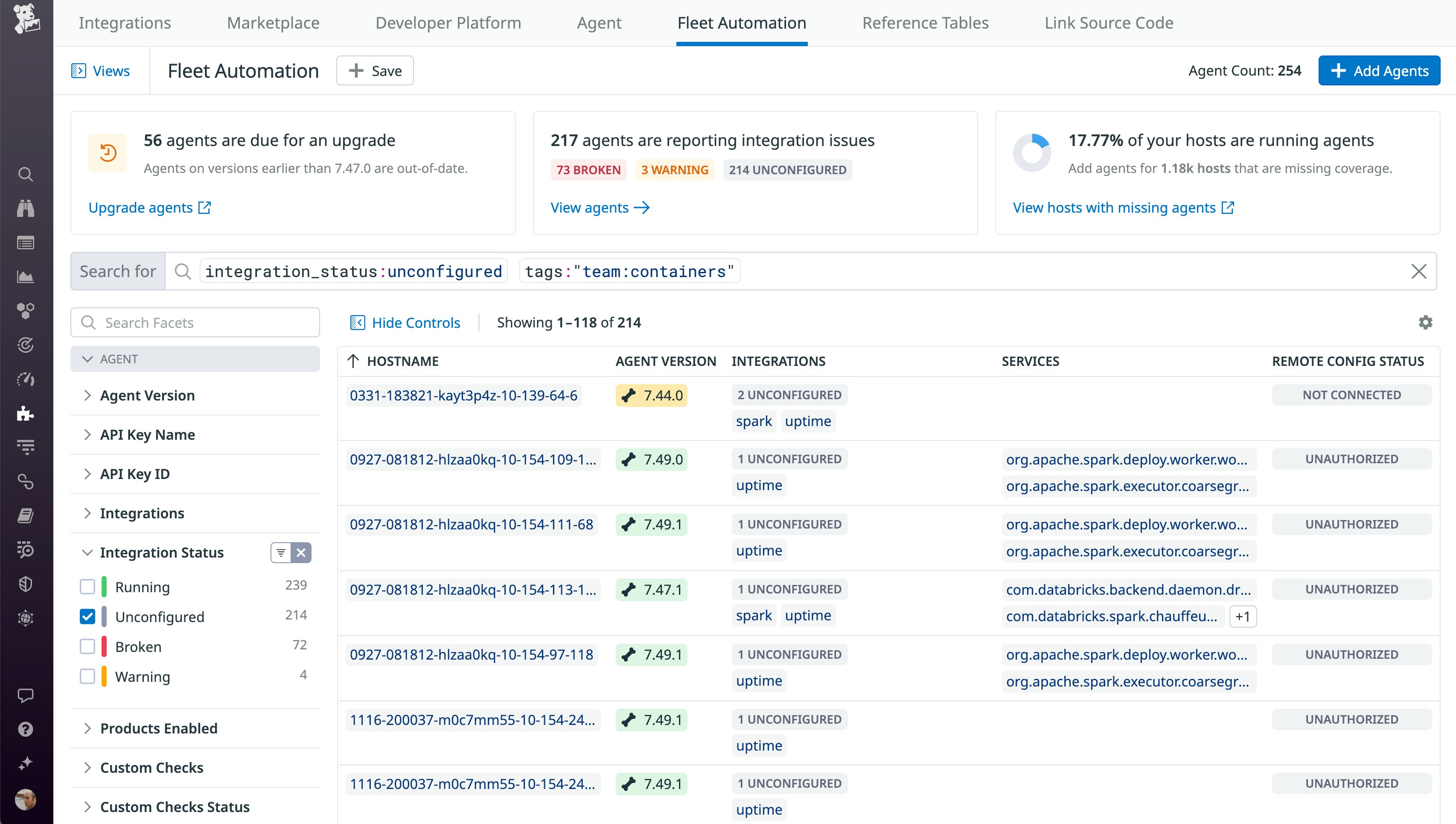 The Fleet Automation view shows a list of agents  that have unconfigured integrations managed by the containers team. The Fleet Automation view shows a list of agents  that have unconfigured integrations managed by the containers team.