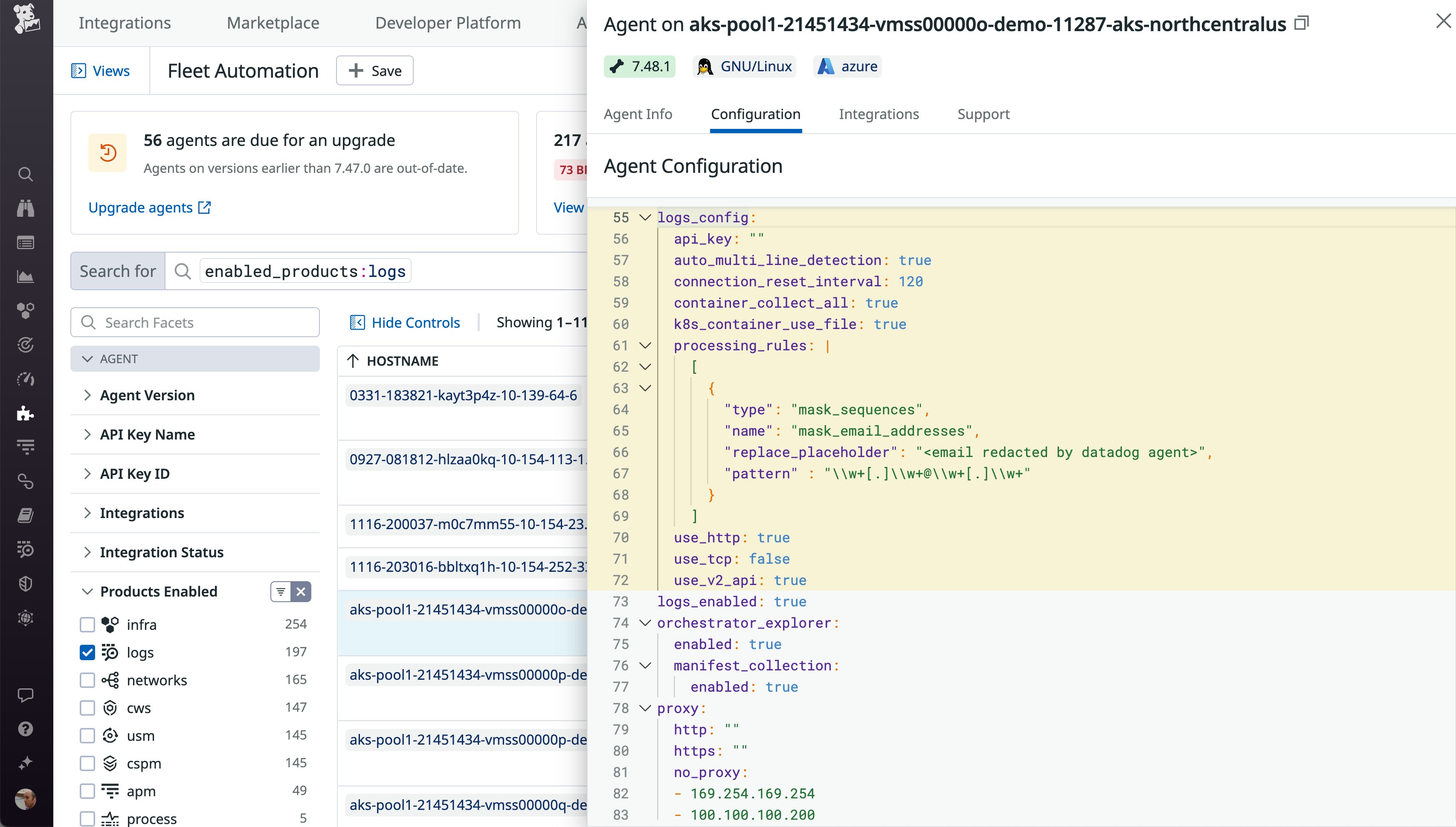 The Fleet Automation view shows a host's YAML configuration. The logs configuration section contains an empty API key. The Fleet Automation view shows a host's YAML configuration. The logs configuration section contains an empty API key.