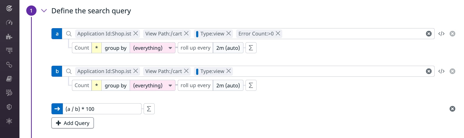 A screenshot shows the controls for defining a RUM monitor query using a formula. A screenshot shows the controls for defining a RUM monitor query using a formula.
