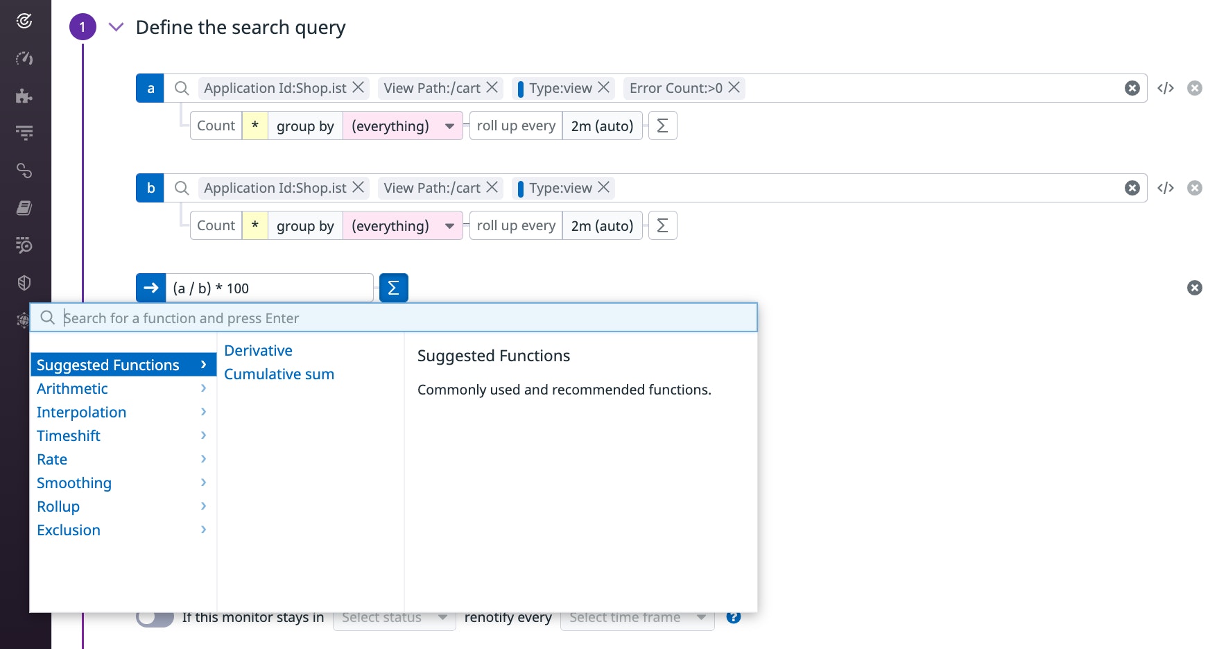 A screenshot shows the controls for defining a RUM monitor query using a function. A screenshot shows the controls for defining a RUM monitor query using a function.