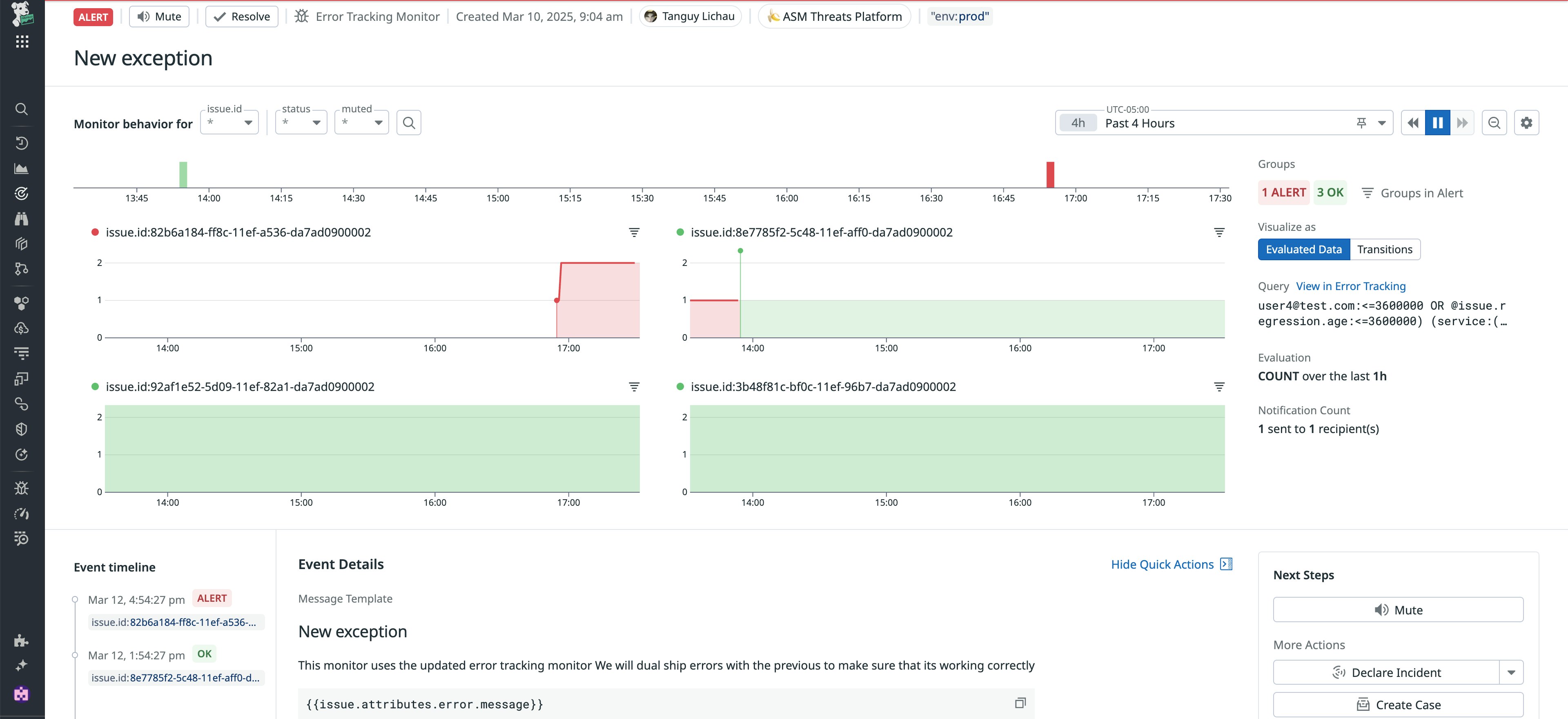 View of a custom Error Tracking monitor in alert status notifying the user of that a new Error Tracking issue has been generated View of a custom Error Tracking monitor in alert status notifying the user of that a new Error Tracking issue has been generated
