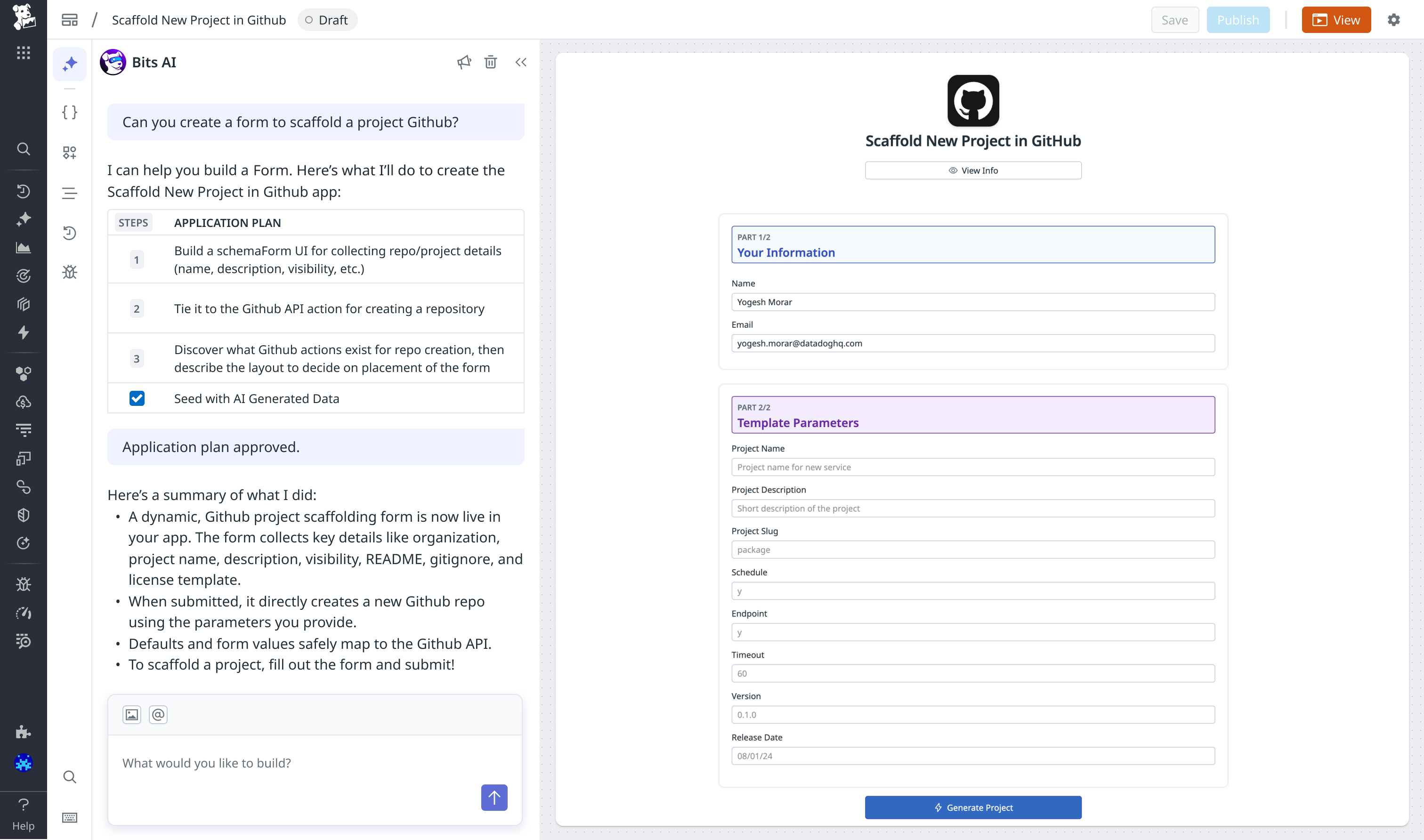 A screenshot of an example conversational AI prompt that creates a form to scaffold a new project in GitHub. A screenshot of an example conversational AI prompt that creates a form to scaffold a new project in GitHub.