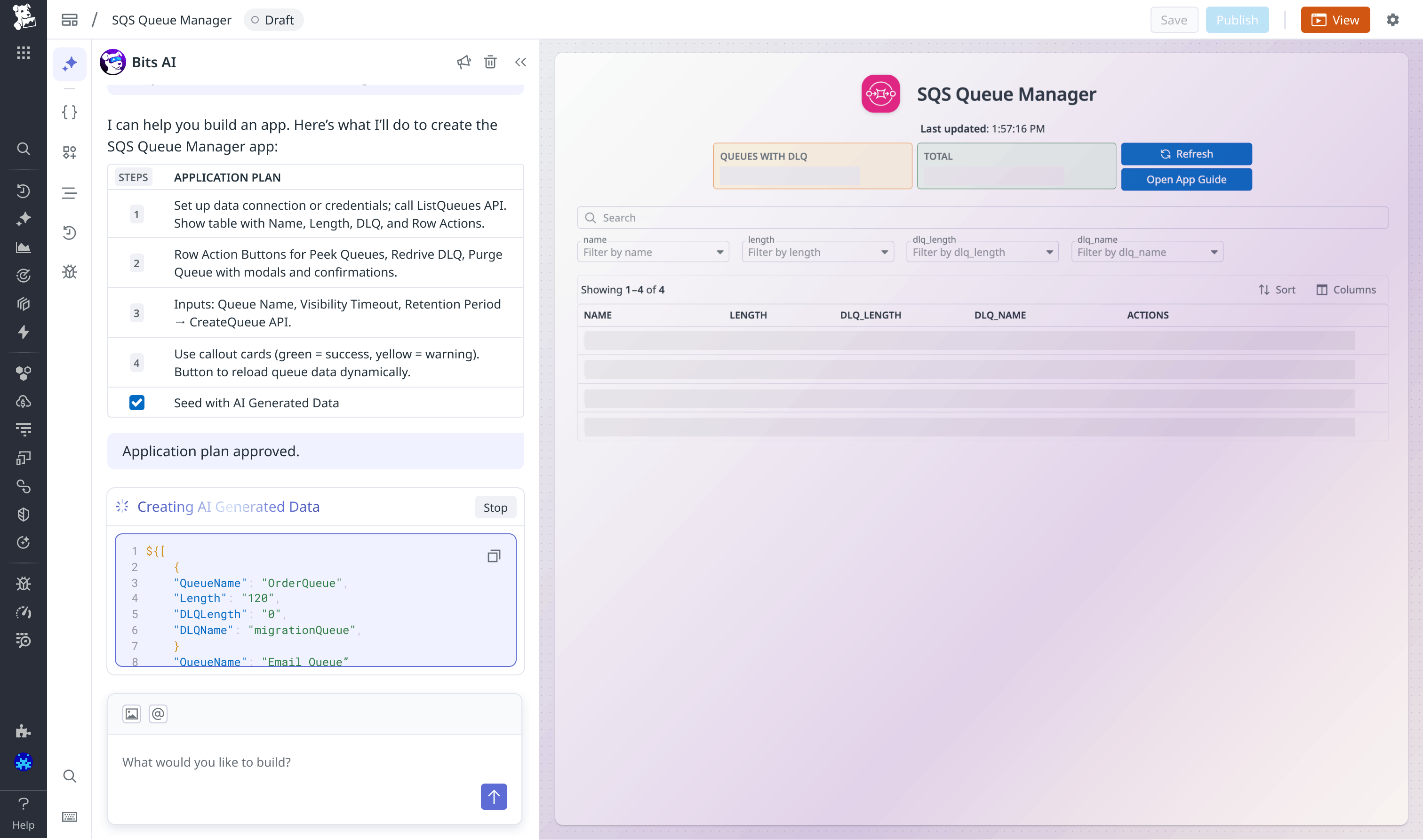 A screenshot of an example conversational prompt that creates an SQS Manager with tables.