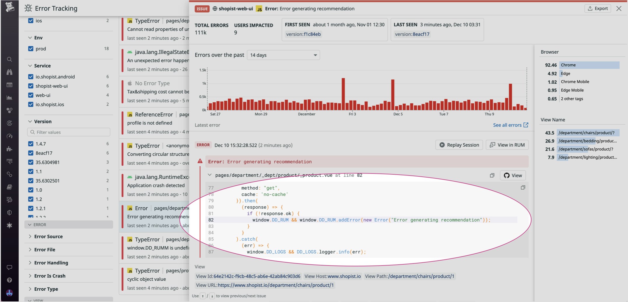 Inline source code on the Error Tracking window. Inline source code on the Error Tracking window.