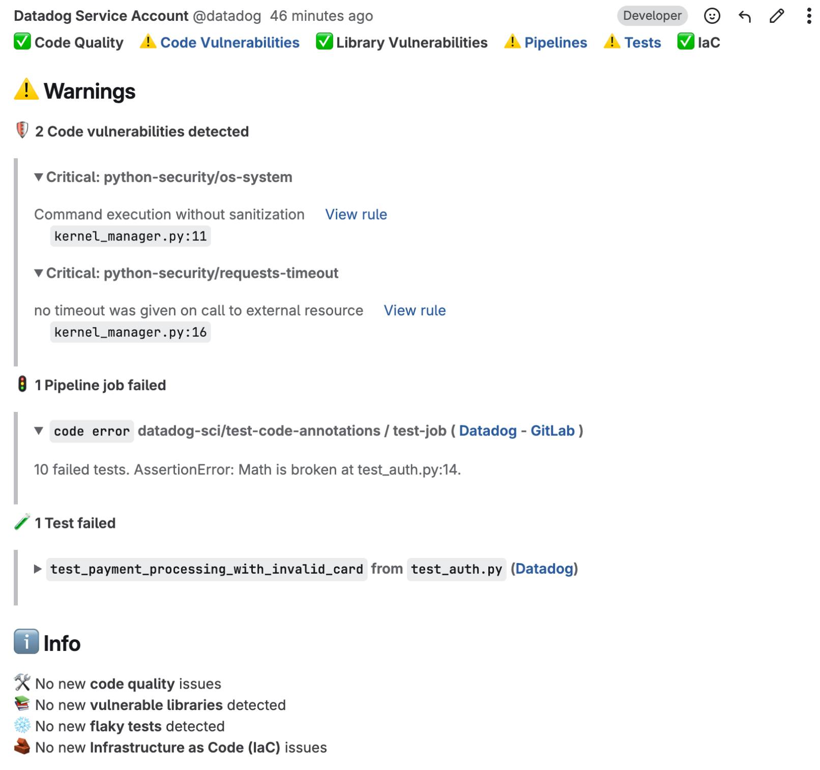Updates from Datadog service account in GitLab summarizing vulnerability scans, pipeline errors, and failed tests.