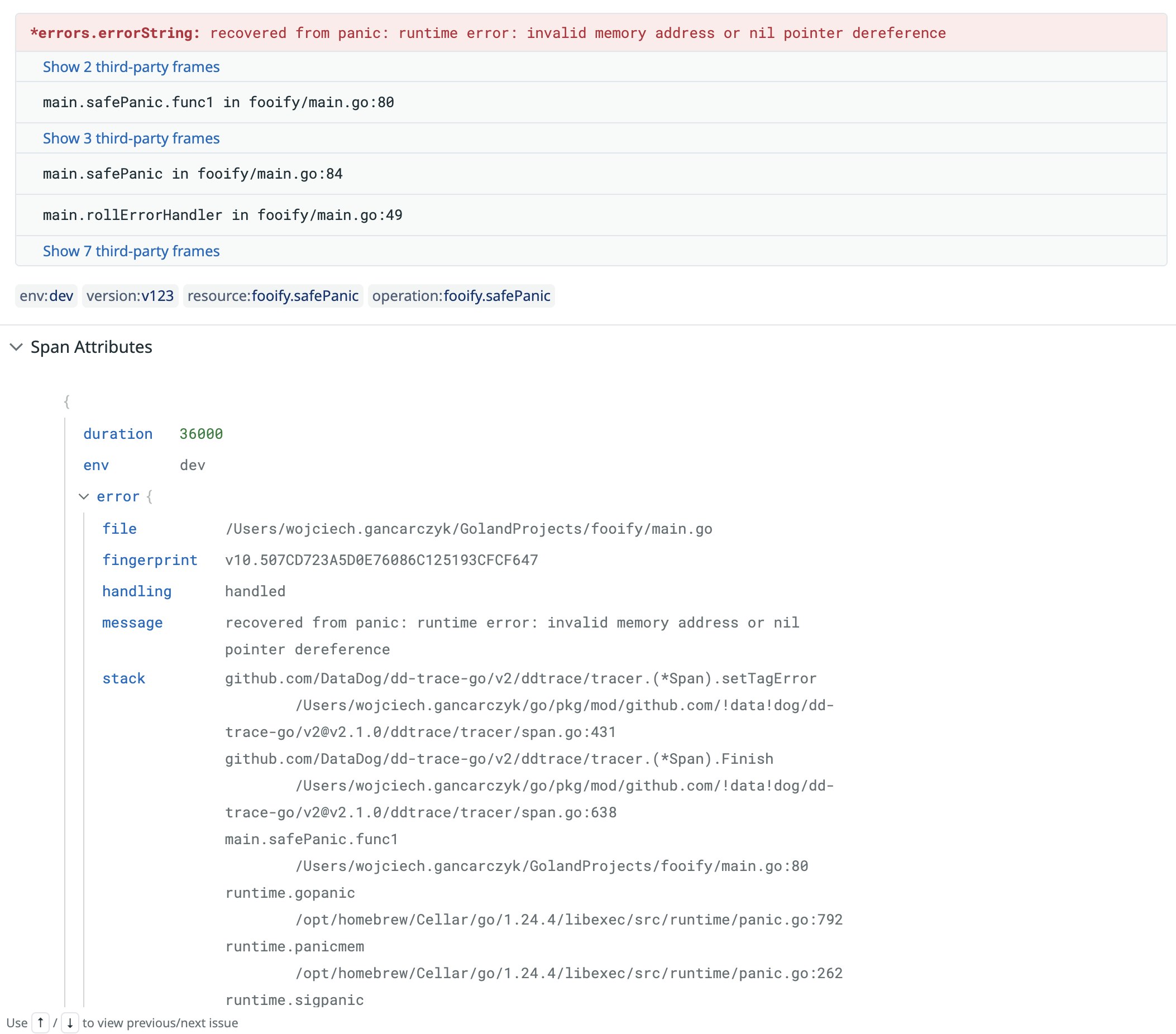 Datadog Error Tracking showing a recovered panic with stack trace, highlighting a nil pointer dereference in application code. Datadog Error Tracking showing a recovered panic with stack trace, highlighting a nil pointer dereference in application code.