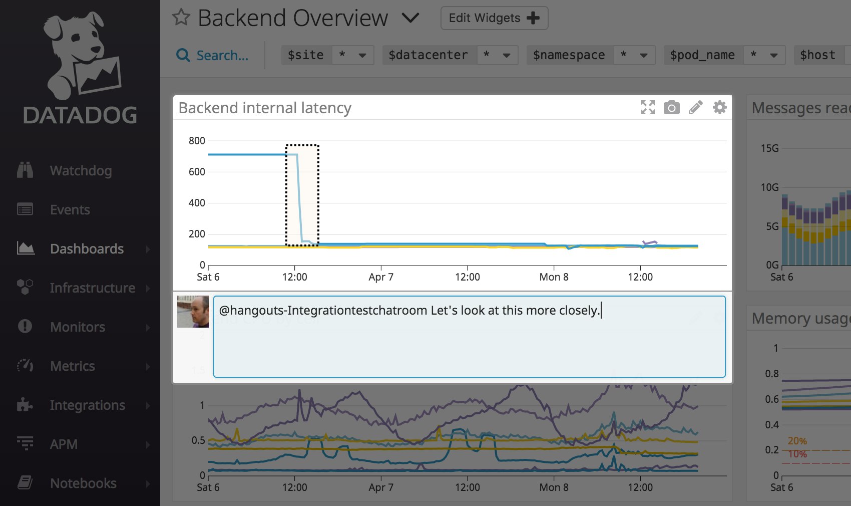 Highlight a section of a graph in a Datadog dashboard and adding a note that will appear with the graph in the Hangouts Chat room. Highlight a section of a graph in a Datadog dashboard and adding a note that will appear with the graph in the Hangouts Chat room.
