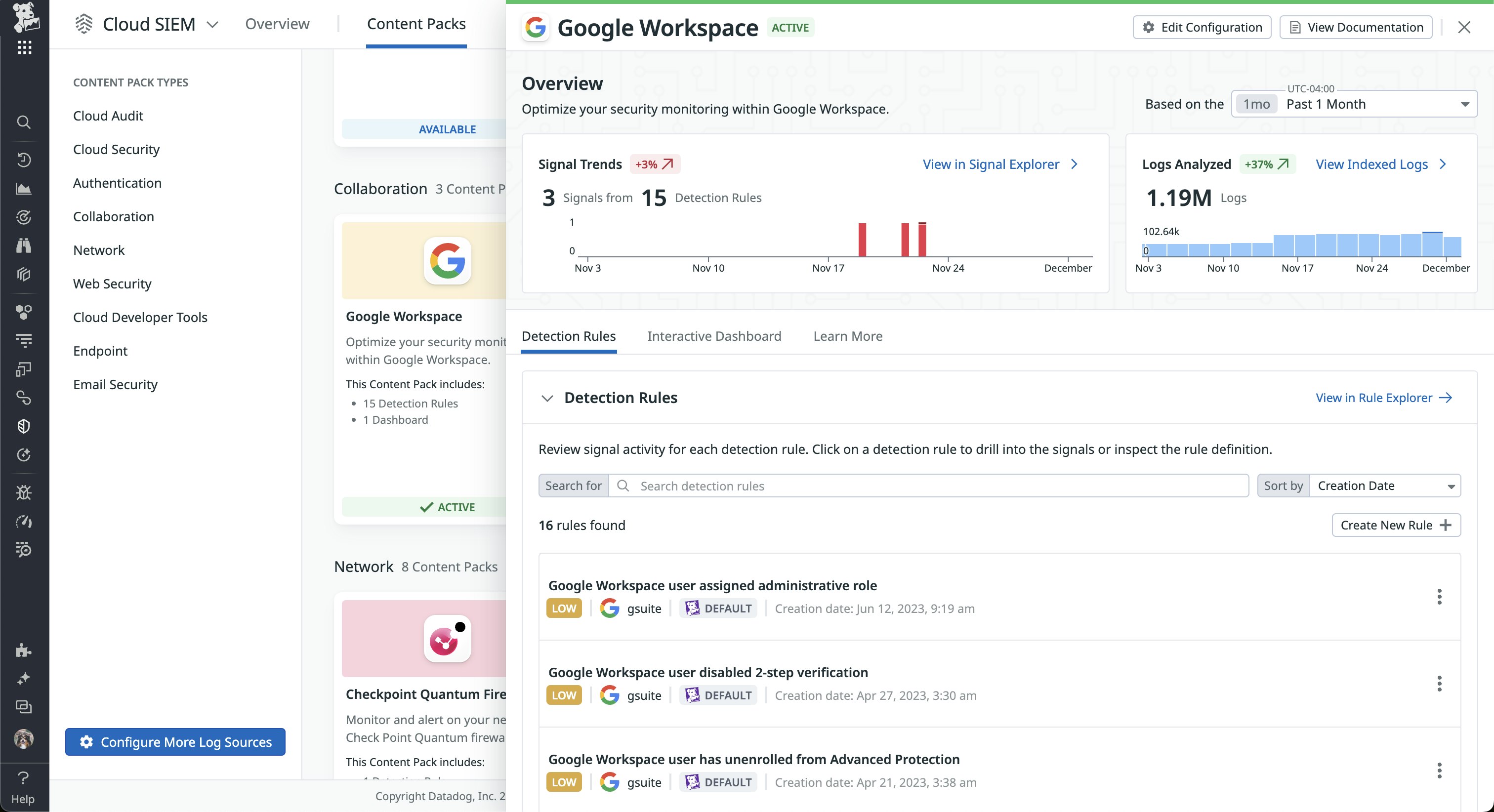 Enable the Google Workspace Content Pack in Datadog Cloud SIEM. Enable the Google Workspace Content Pack in Datadog Cloud SIEM.