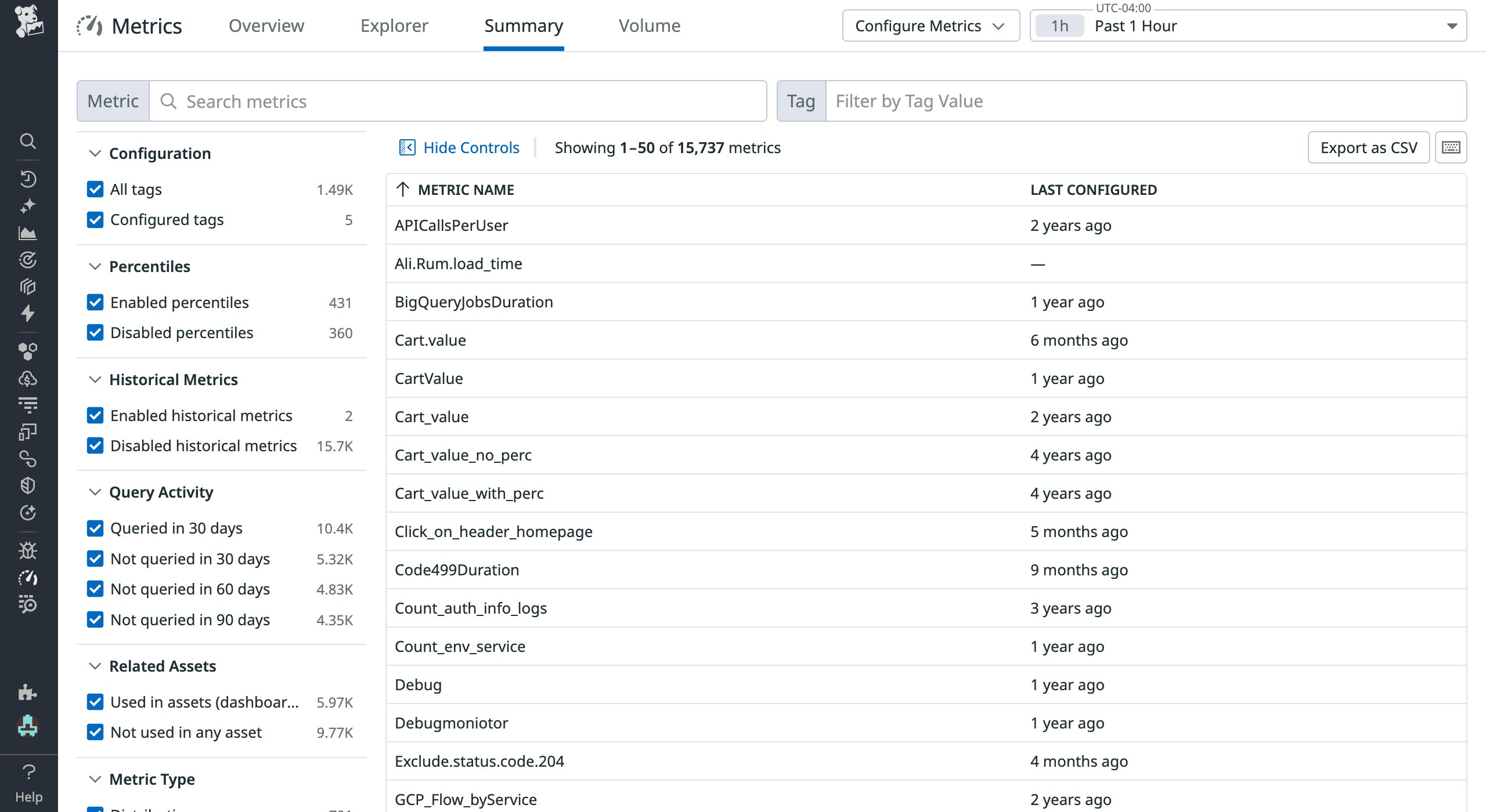 Metrics summary table listing metric names, tag status, query activity, and last configured dates Metrics summary table listing metric names, tag status, query activity, and last configured dates