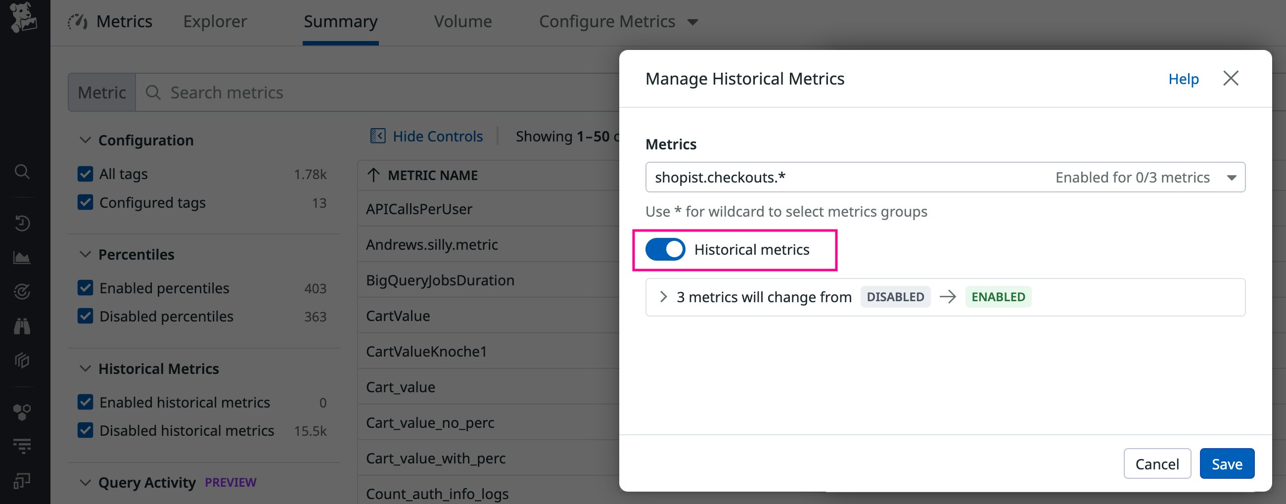 Bulk-enable historical metrics Bulk-enable historical metrics
