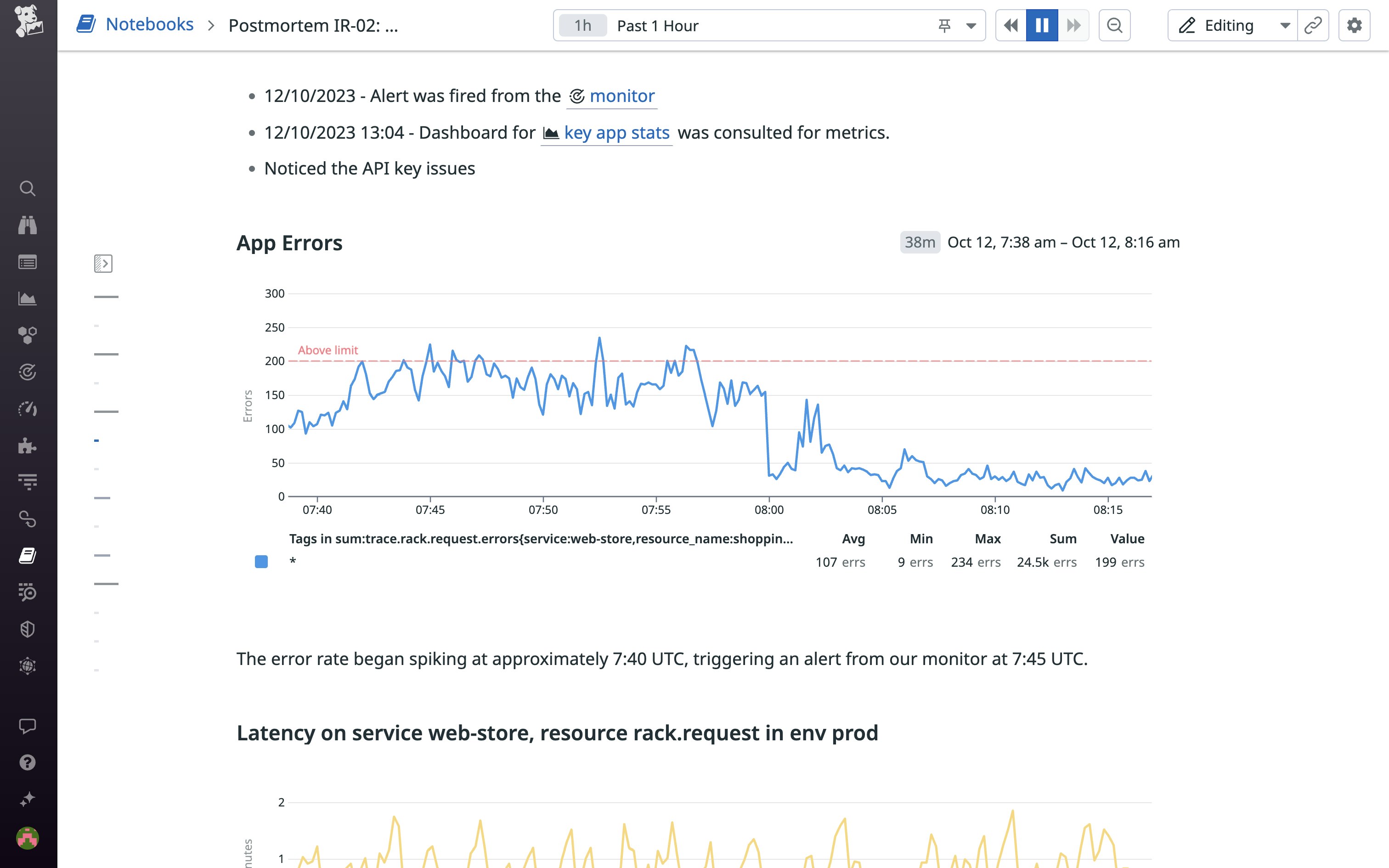 An incident postmortem in Datadog Notebooks An incident postmortem in Datadog Notebooks