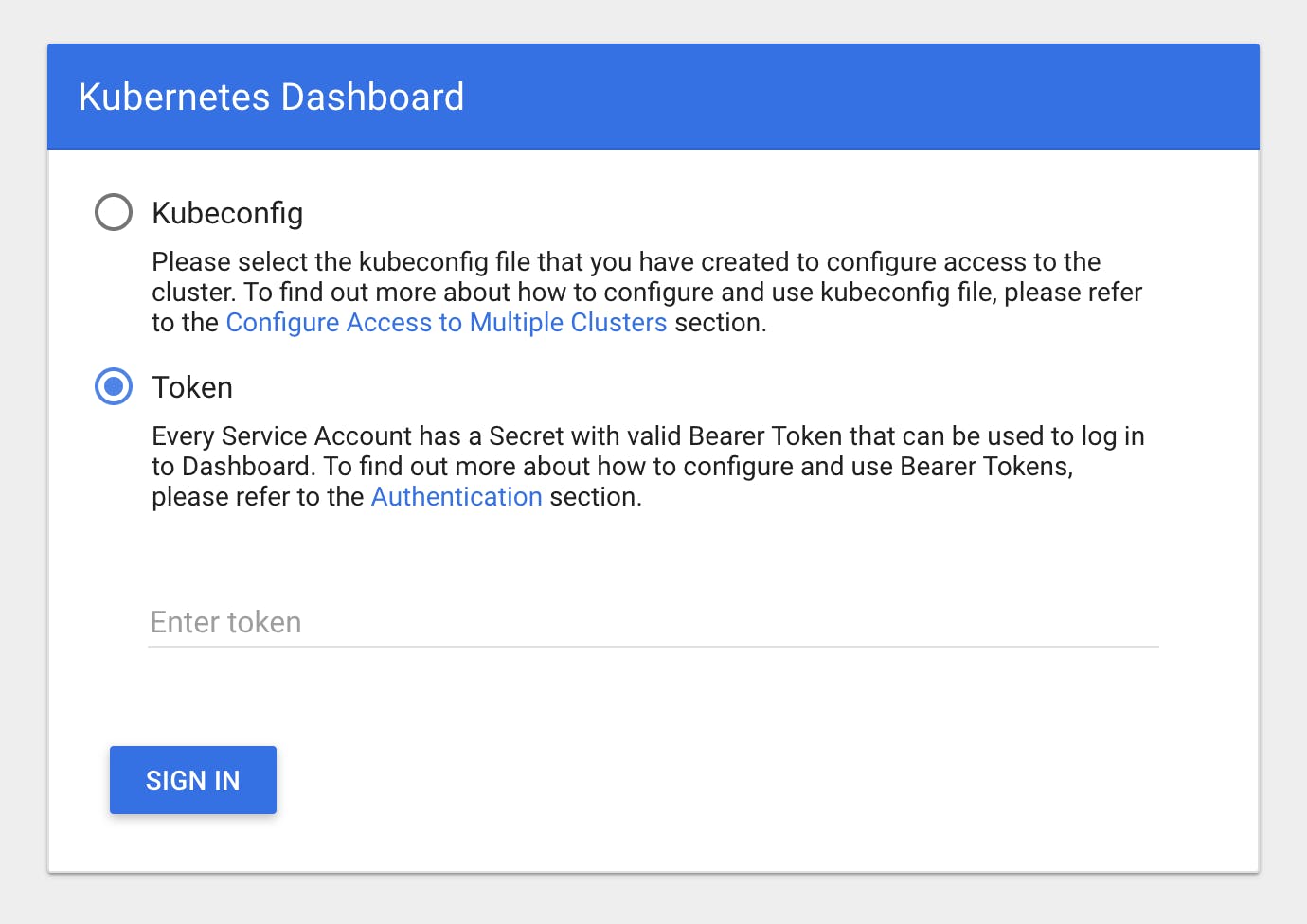 The Kubernetes dashboard login screen