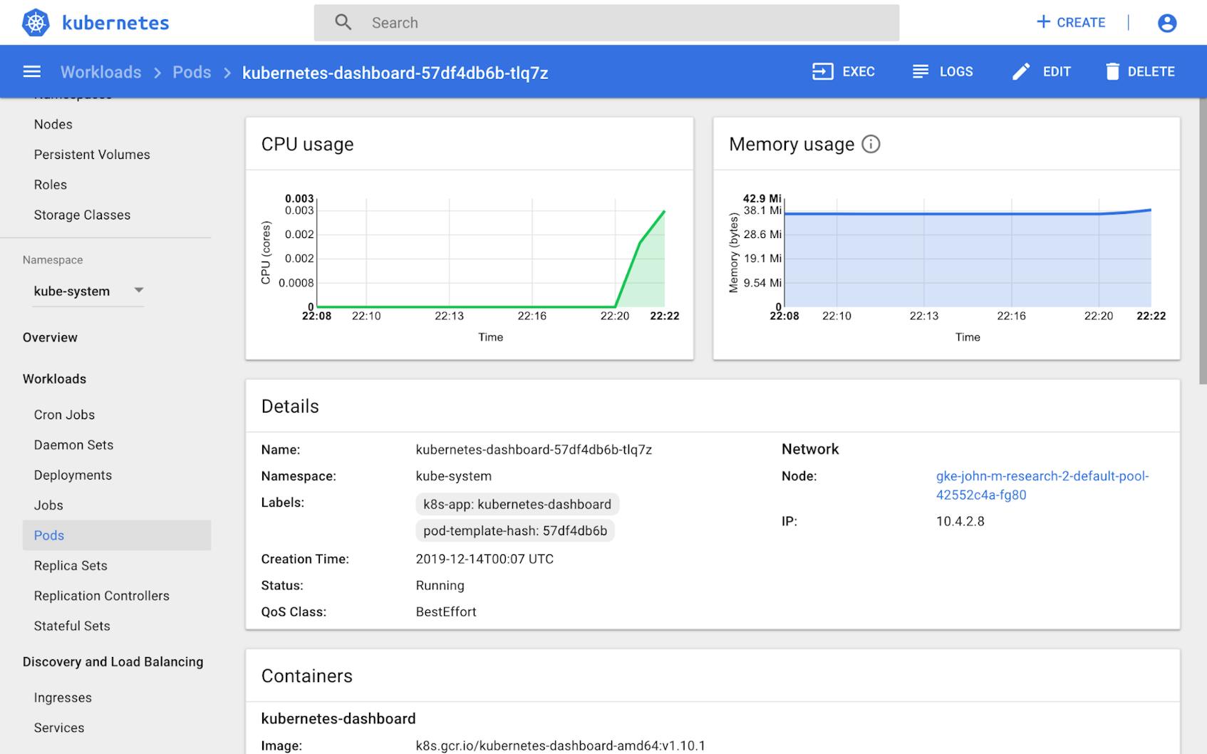 Kubernetes Dashboard pod view