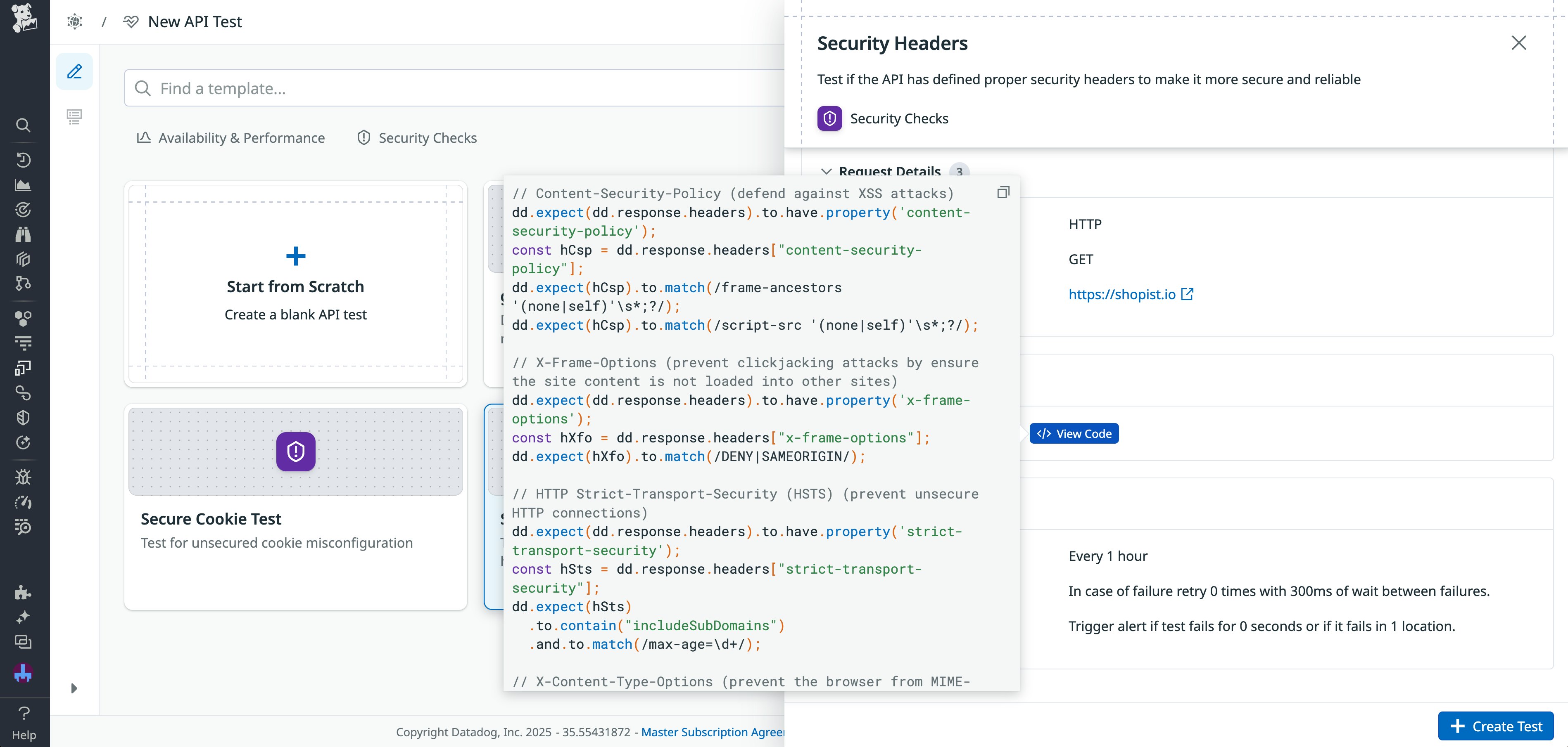 Code showing default security header checks for a test created with the Security Headers template. Code showing default security header checks for a test created with the Security Headers template.