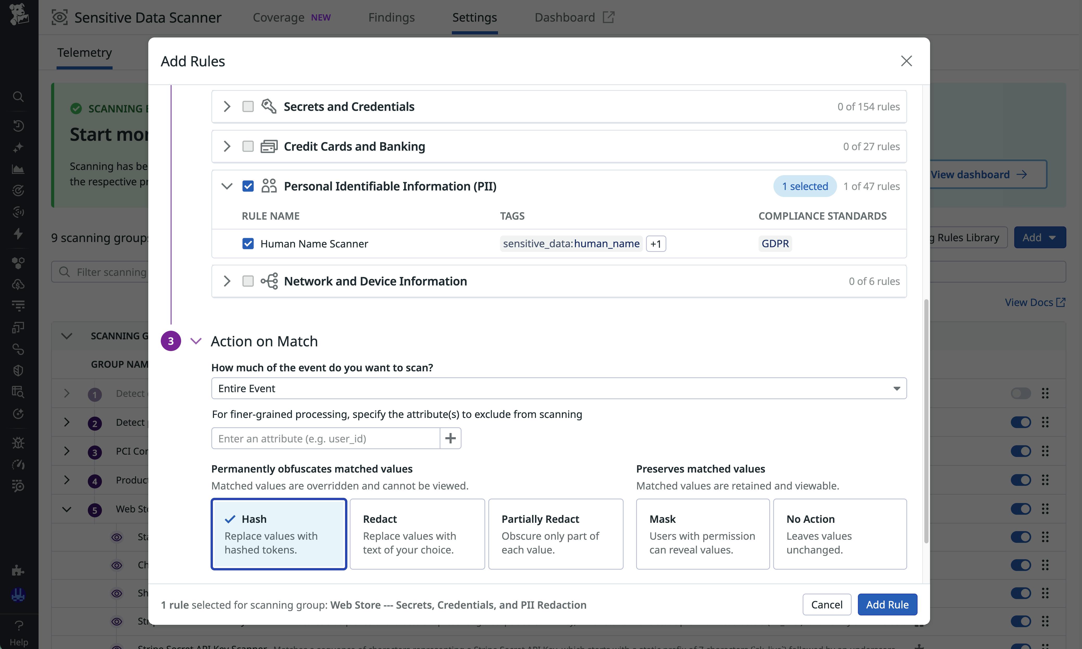 Screenshot of a rule configuration with the Human Name Scanner rule enabled and hashing selected.