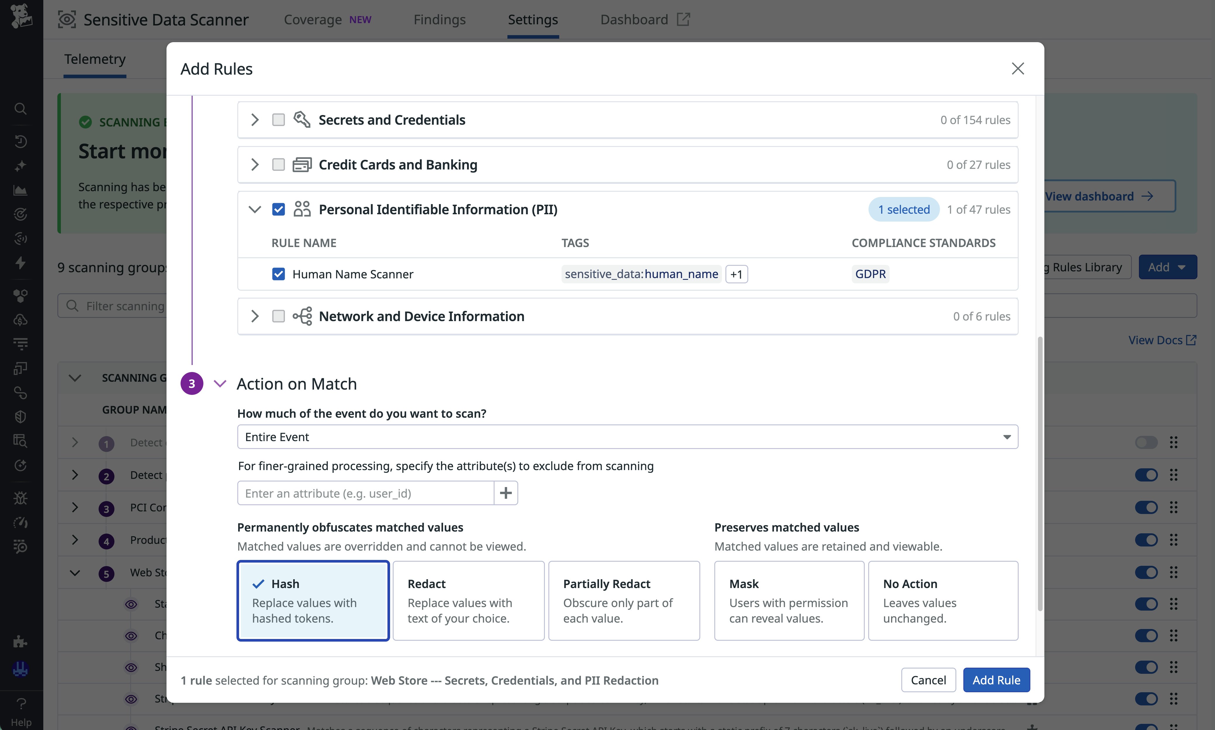 Screenshot of a rule configuration with the Human Name Scanner rule enabled and hashing selected. Screenshot of a rule configuration with the Human Name Scanner rule enabled and hashing selected.