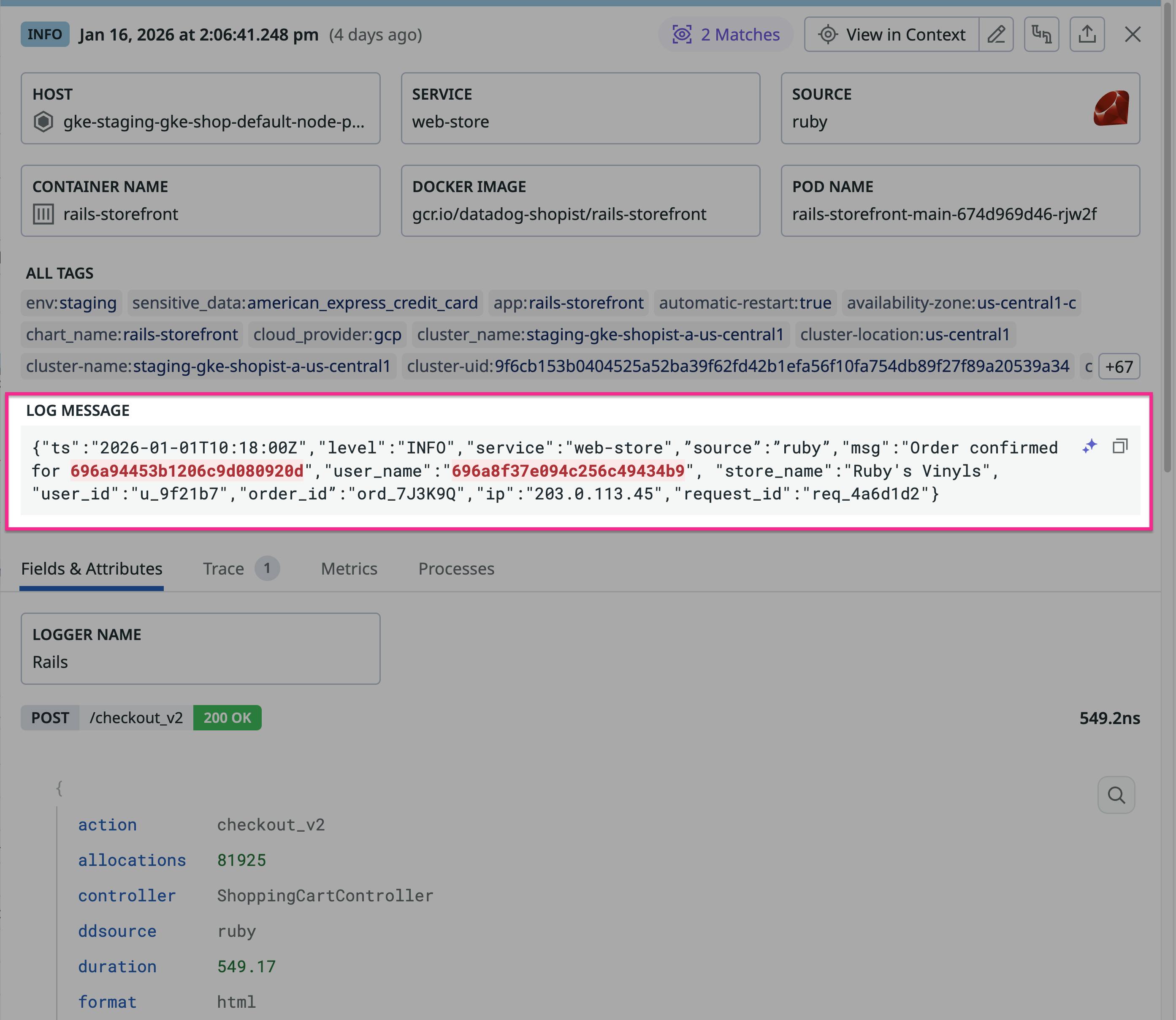 Screenshot of the log message where John O’Connor’s name is hashed with a lengthy alphanumeric identifier.