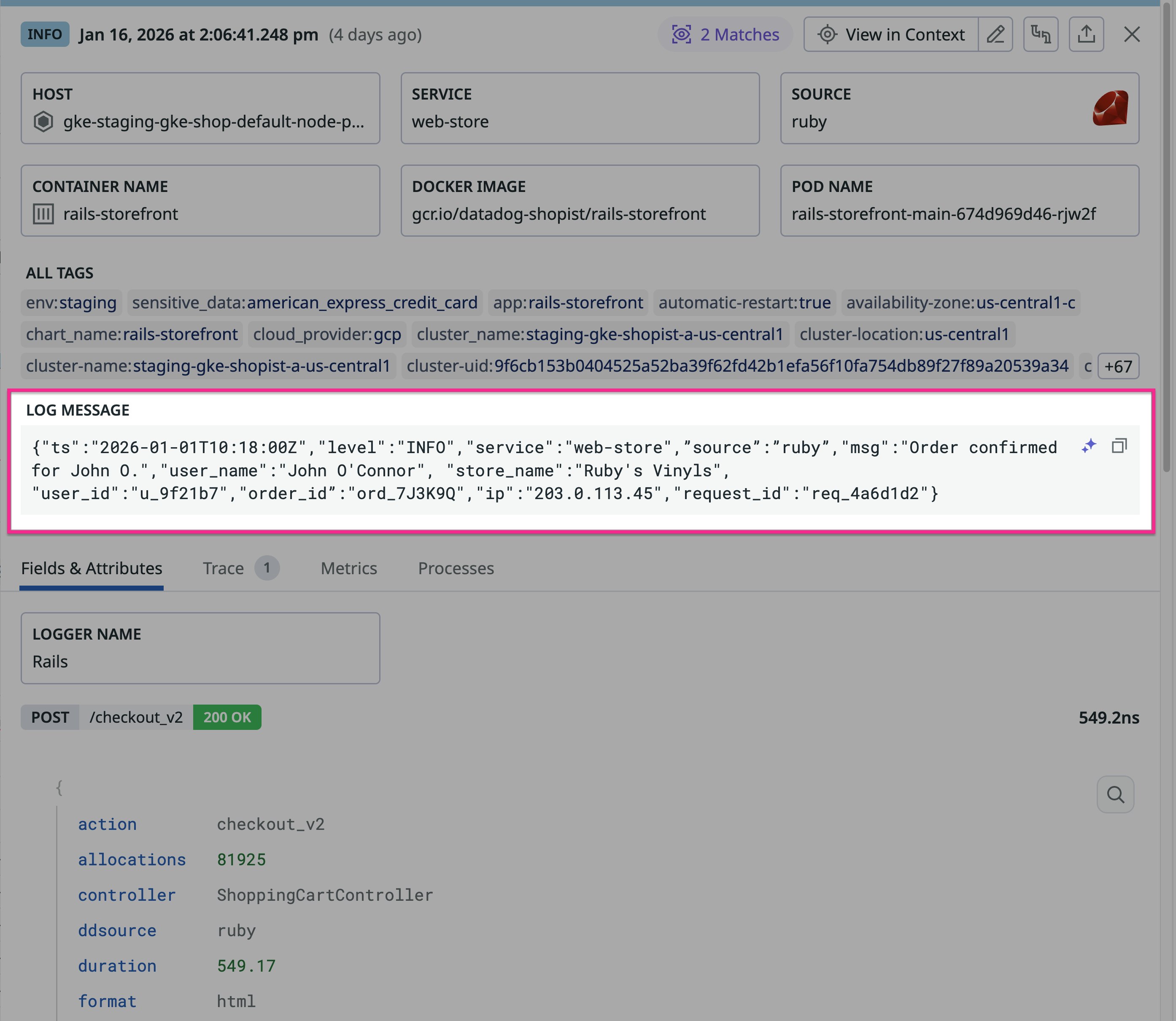 Screenshot of a log message that confirms an order by John O’Connor from Ruby’s Vinyls. Screenshot of a log message that confirms an order by John O’Connor from Ruby’s Vinyls.