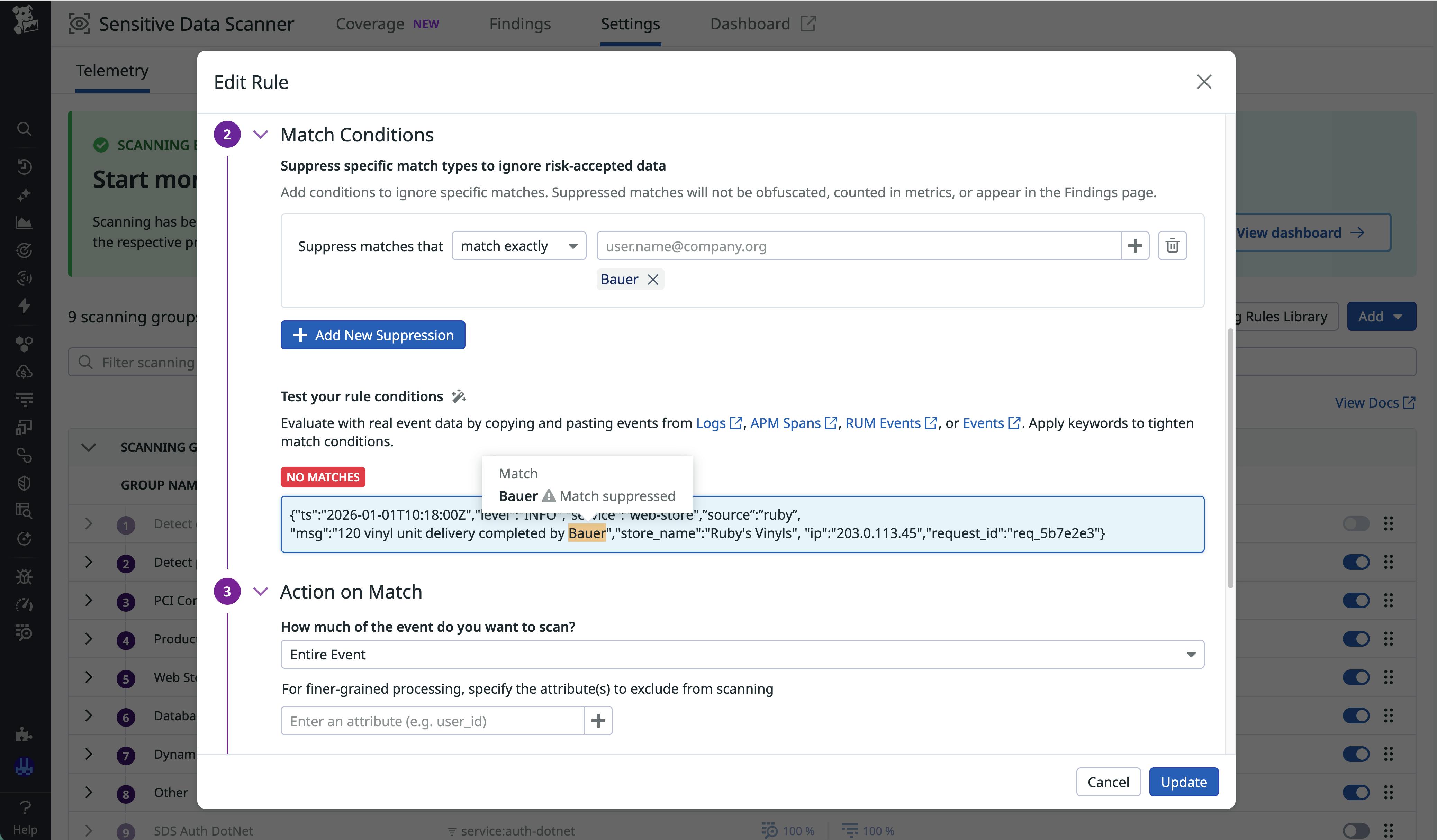 Screenshot of functionality to edit the Human Name Scanner rule to add a suppression.