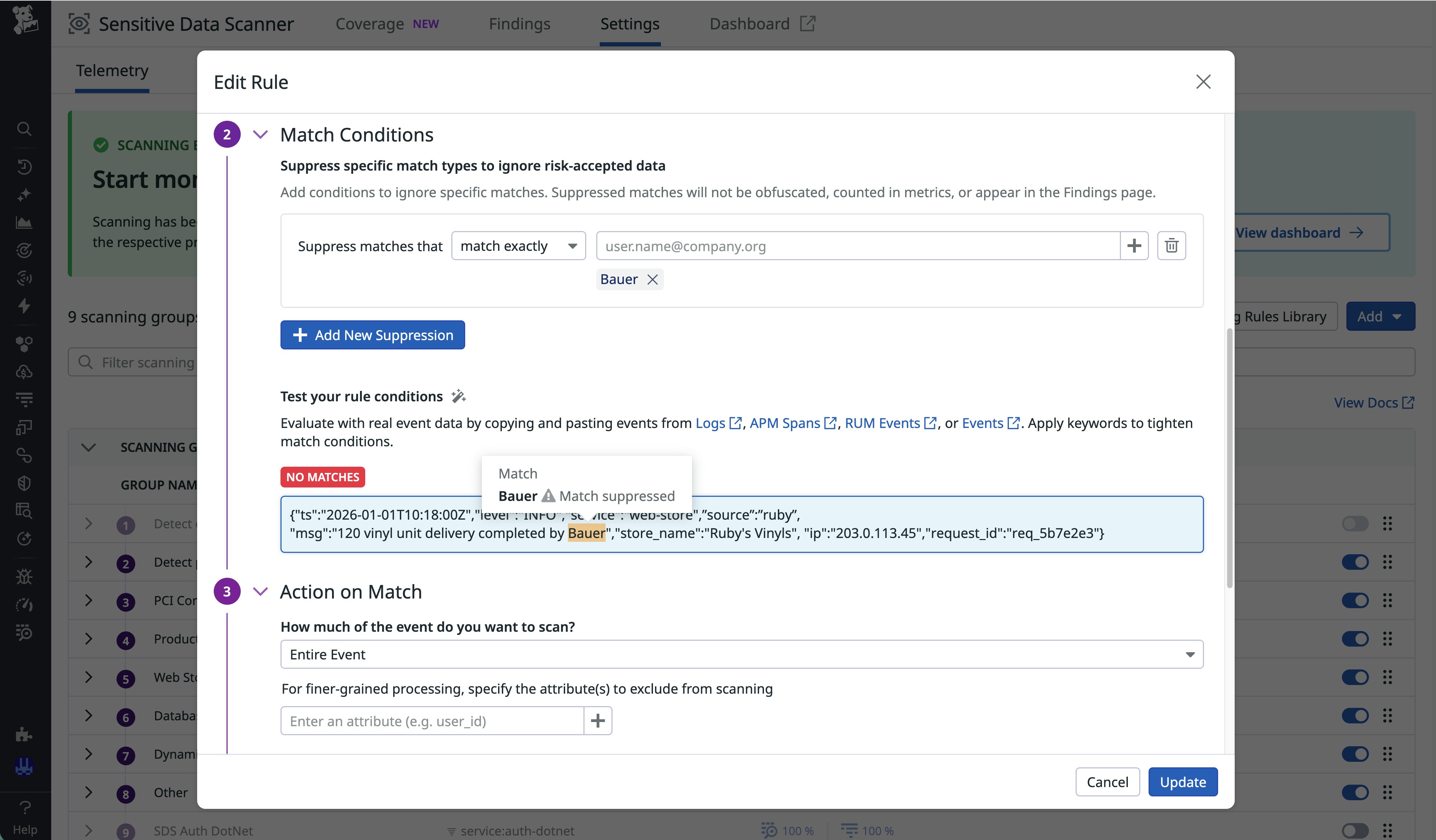 Screenshot of functionality to edit the Human Name Scanner rule to add a suppression. Screenshot of functionality to edit the Human Name Scanner rule to add a suppression.
