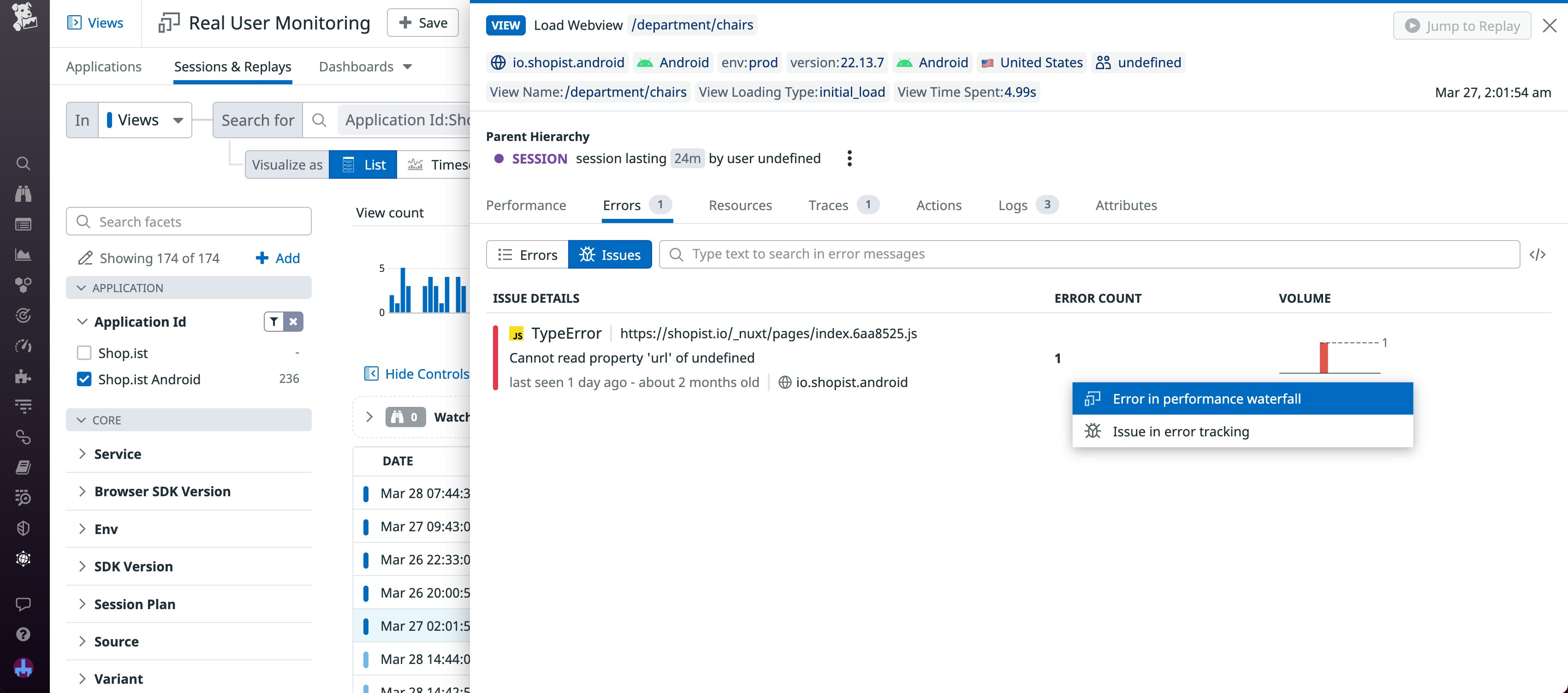 Panel displaying a hybrid app error message, with menu options to view the error in Error Tracking or a performance waterfall. Panel displaying a hybrid app error message, with menu options to view the error in Error Tracking or a performance waterfall.