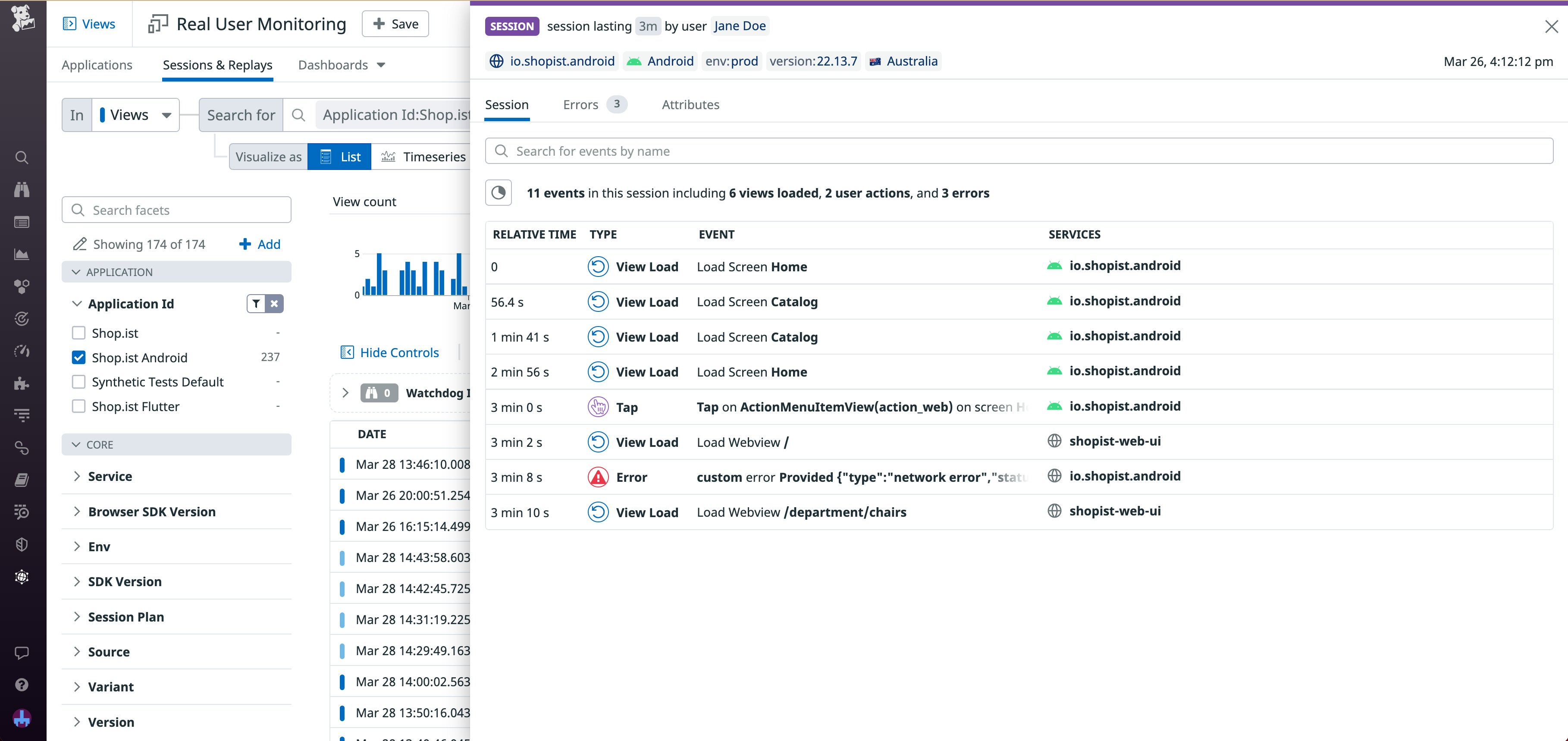 Panel displaying mobile and web session data in a single feed. Panel displaying mobile and web session data in a single feed.